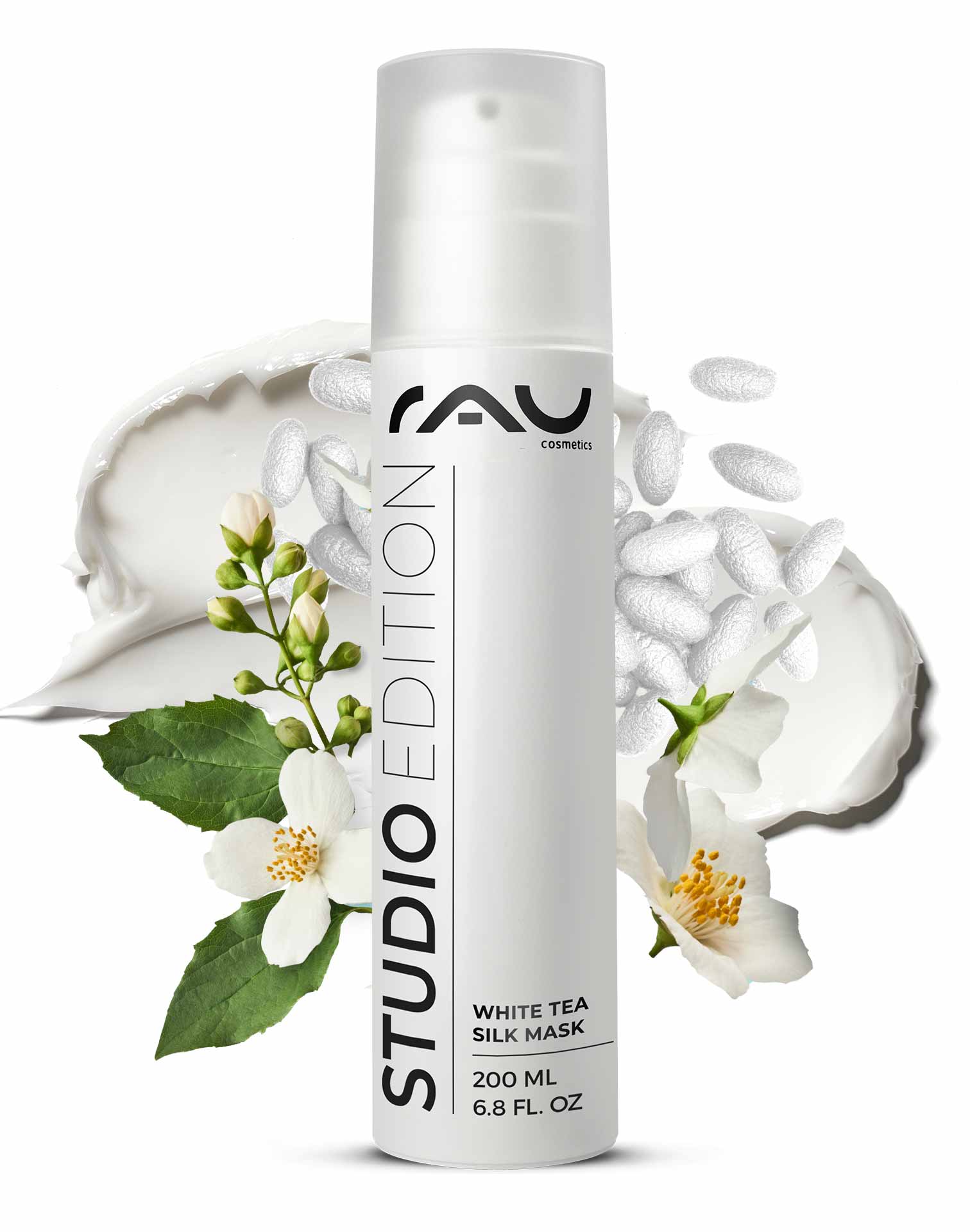 White Tea Silk Mask 200 ml Crème riche & masque White Tea Silk Mask von RAU Cosmetics, 200 ml Behälter mit floralen Elementen, mit pflegenden Inhaltsstoffen wie weißem Tee und Seidenproteinen, entwickelt für empfindliche und trockene Haut.