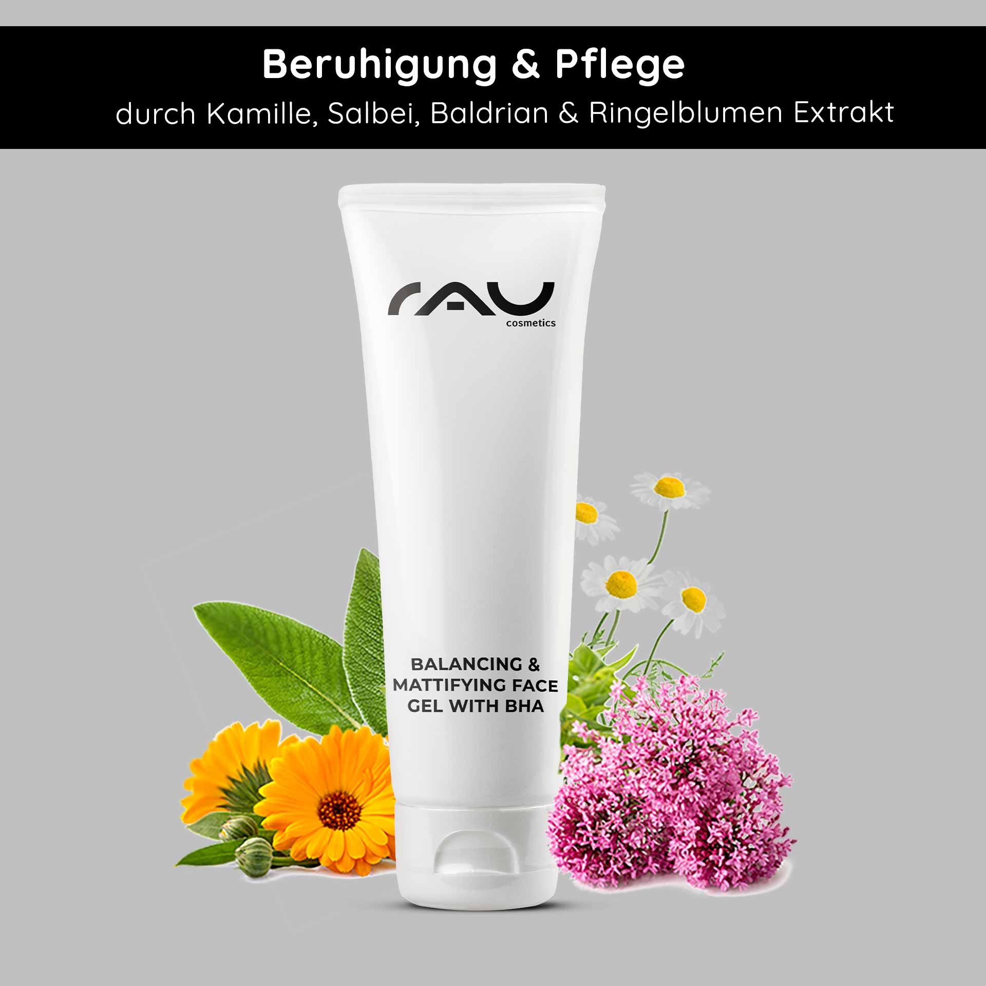 Powerset pour la peau impure, la peau grasse, les inflammations, les boutons, les démangeaisons RAU Cosmetics Balancing & Mattifying Face Gel mit BHA, umgeben von Kamille, Salbei und Ringelblumenblüten, betont die beruhigende und pflegende Wirkung bei fettiger und unreiner Haut.