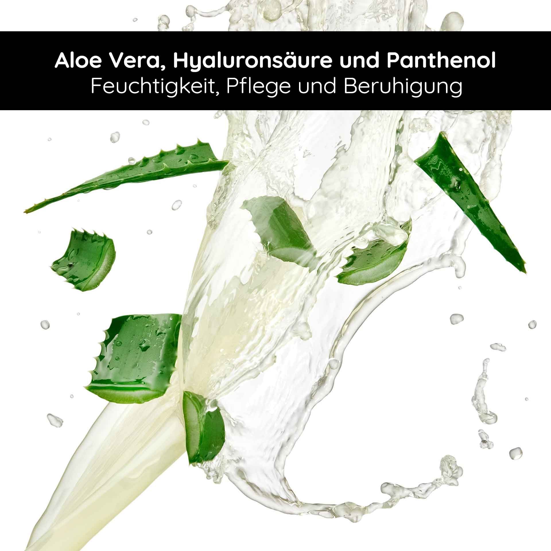 Aloe Vera, Hyaluronsäure und Panthenol in Wasser sprudelnd, symbolisiert Feuchtigkeit und Pflege für die Haut, passend zum RAU Cosmetics Selbstbräuner für ein natürliches Hautgefühl.