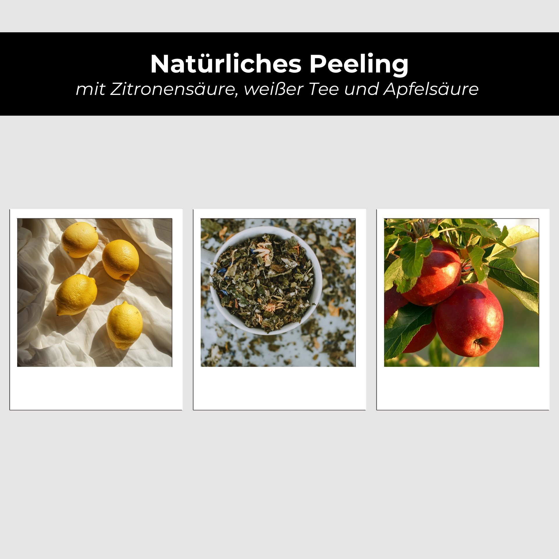 Exfoliation naturelle : Illustration d'ingrédients tels que le citron et les herbes qui clarifient la peau en douceur.
