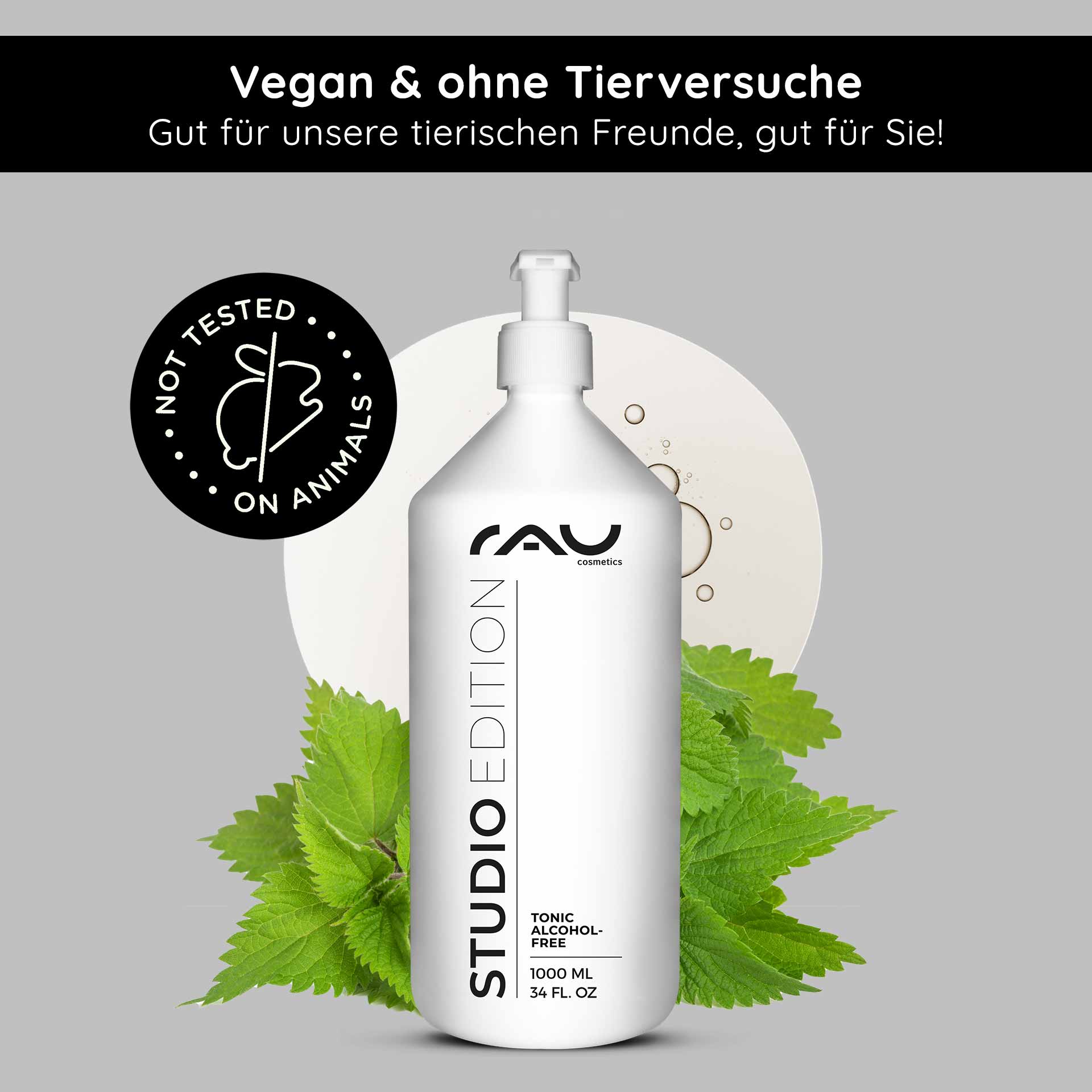 Tonique sans alcool 1000 ml à l'extrait d'ortie RAU Cosmetics Alkoholfreies Tonic Flasche mit Brennnesselblättern, mit Aufschrift „Vegan & ohne Tierversuche“, 1000 ml, für empfindliche Haut geeignet.