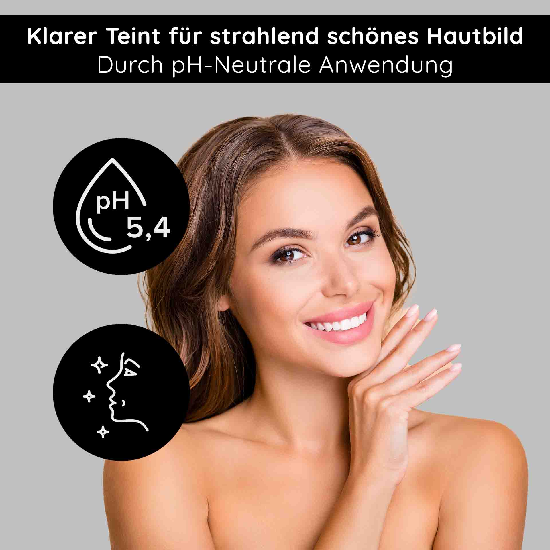 Tonique sans alcool 200 ml à l'extrait d'ortie Klares Hautbild mit lächelnder Frau, pH-Wert 5,4, Symbole für Hautpflege und pH-neutrale Anwendung, passend zum RAU Cosmetics Tonic für empfindliche Haut.