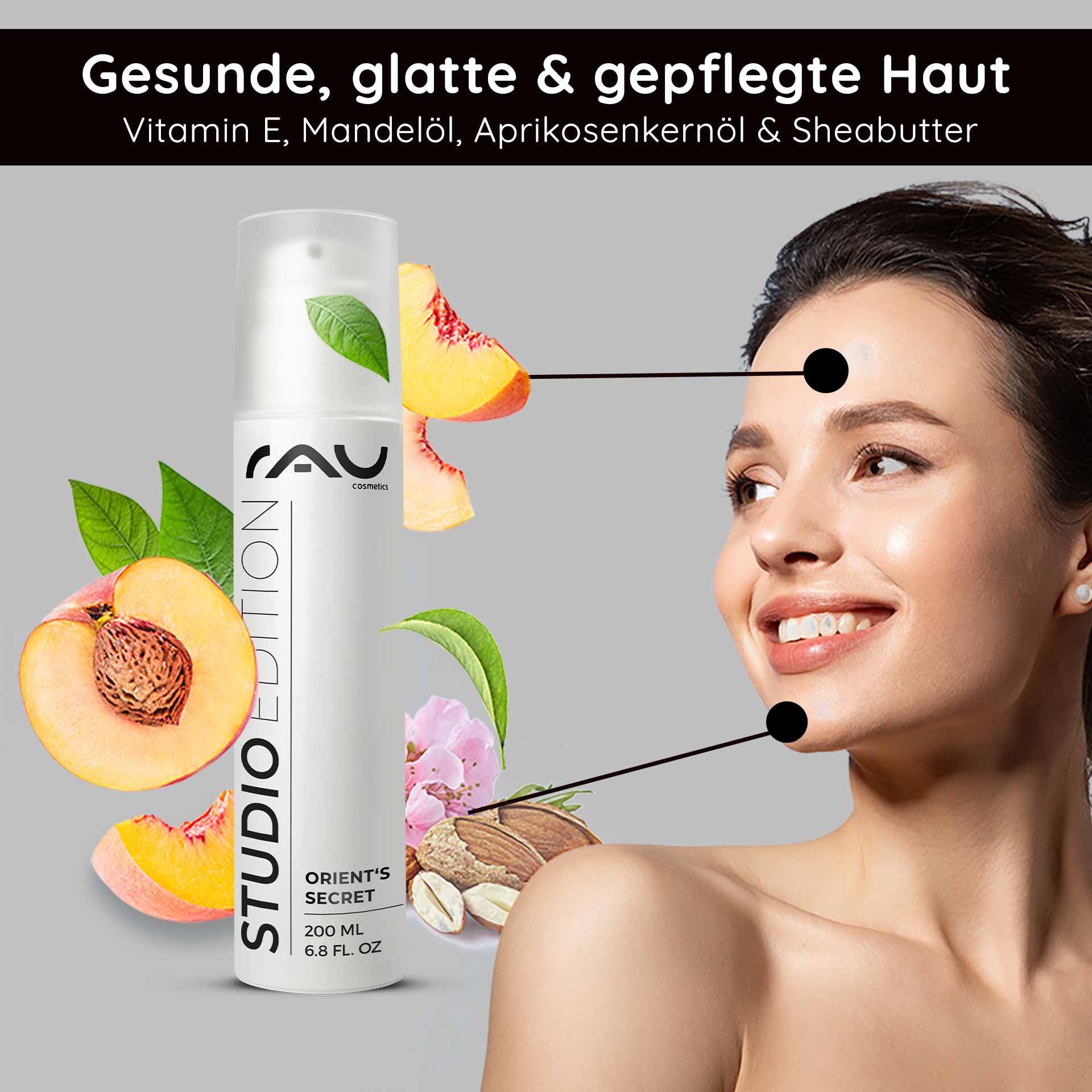 Flacon de la crème visage Orient’s Secret de RAU Cosmetics avec des illustrations de pêche et d'amande, soulignant les bienfaits pour une peau saine et lisse grâce à la vitamine E, l'huile d'amande, l'huile de noyau d'abricot et le beurre de karité.