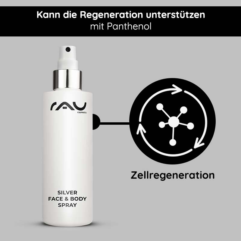 Silberne Gesichts- und Körperspray von RAU mit Panthenol, unterstützt Zellregeneration und beugt Rasurproblemen vor.