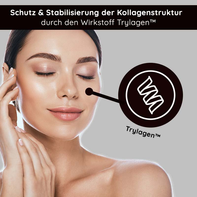 Frau mit strahlender Haut und geschlossenen Augen, zeigt Anwendung des RAU Cosmetics Collagen Serums, betont durch den Wirkstoff Trylagen™ zur Unterstützung der Kollagenstruktur.