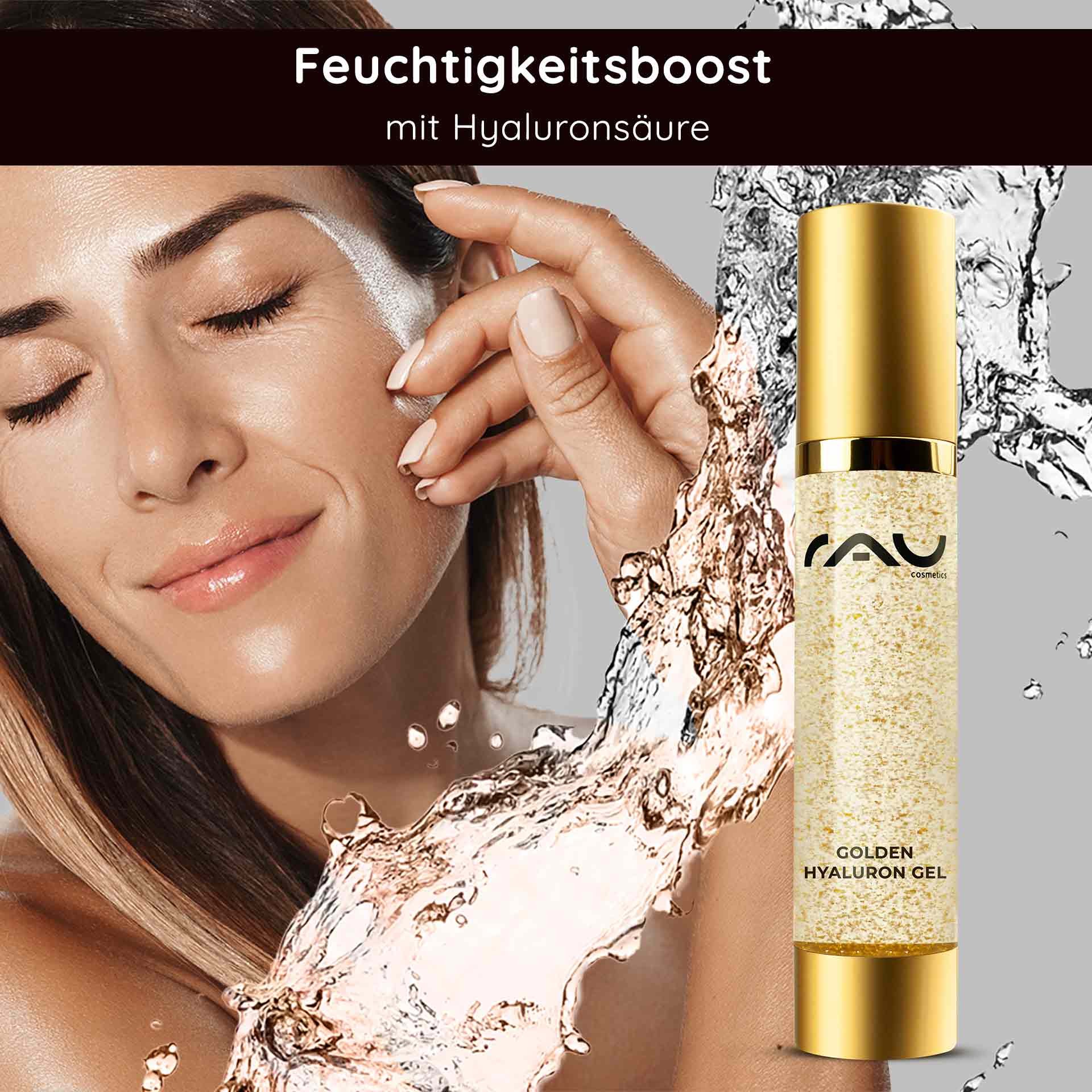 Femme au teint éclatant et gel doré RAU Golden Hyaluron, entouré de gouttelettes d'eau, incarnant des soins de la peau luxueux et un boost d'hydratation à l'acide hyaluronique.
