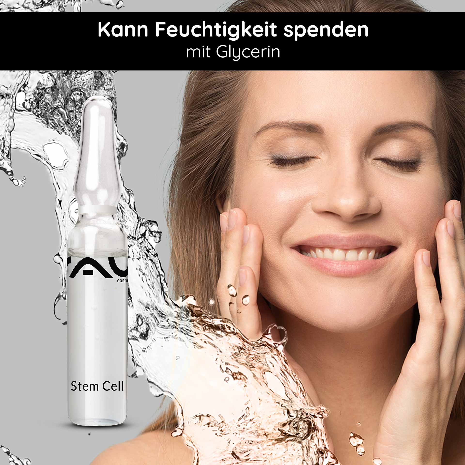Ampoule de cellules souches de RAU Cosmetics à la glycérine, une femme applique le sérum sur son visage en soulignant l'apport d'hydratation et l'effet anti-âge.