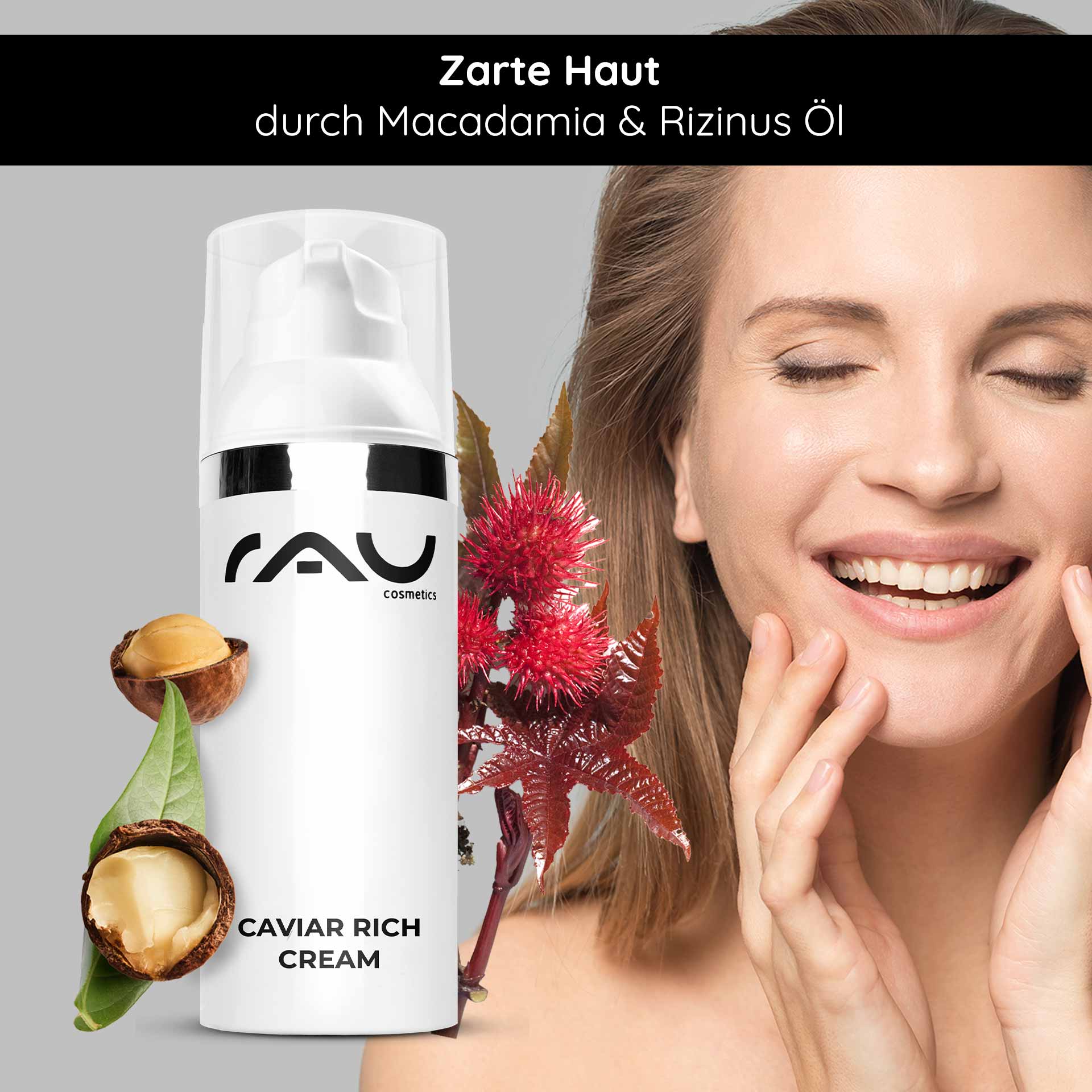 Caviar Rich Cream 50 ml Crème riche anti-âge Flasche Caviar Rich Cream mit Macadamia- und Rizinusöl, lächelnde Frau, die ihr Gesicht berührt, um die Vorteile weicher Haut zu fördern.