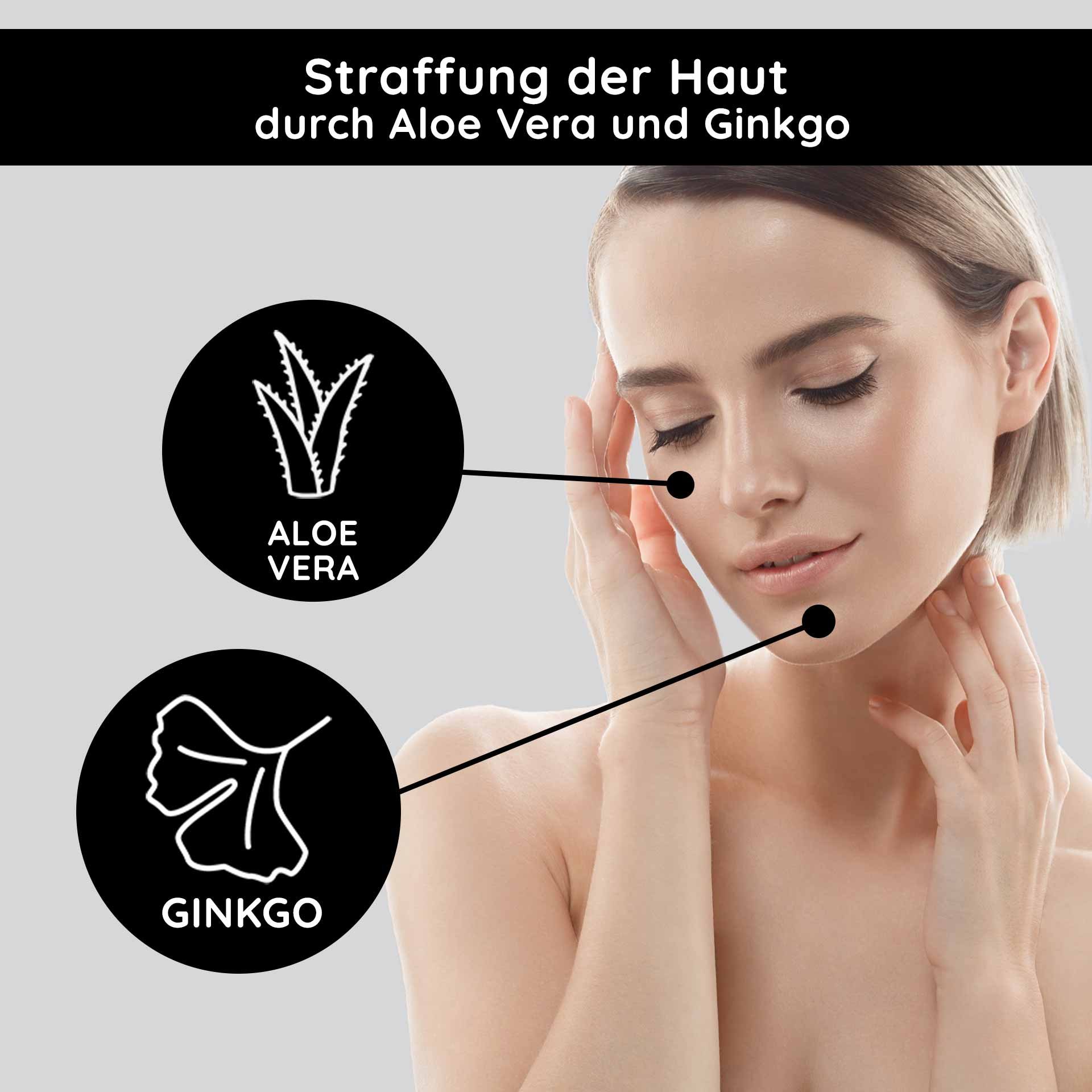 Femme à la peau lisse et expression douce, entourée de symboles pour l'aloe vera et le ginkgo, soulignant les propriétés raffermissantes de la RAU Cosmetics O2 Rich Cream.