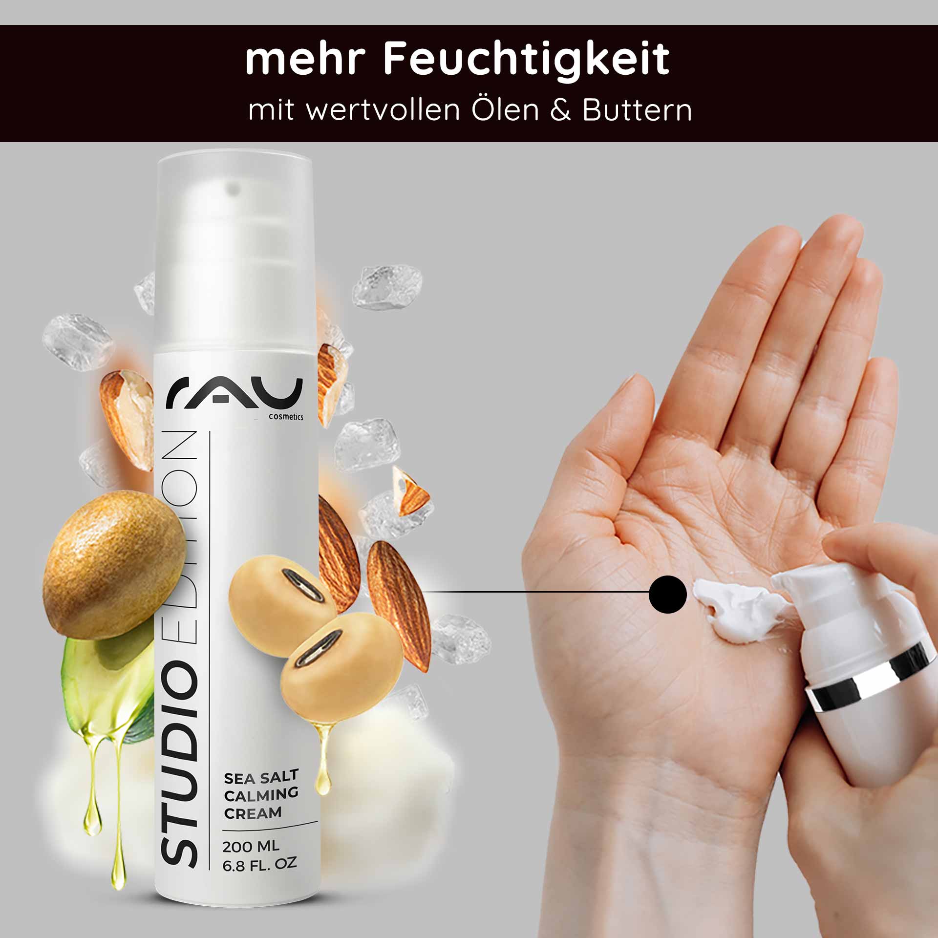 Sea Salt Calming Cream 200 ml avec sel de mer et PHA Flasche der RAU Sea Salt Calming Cream mit Kamillenblüten, Meersalz und grünen Blättern, die die beruhigenden und feuchtigkeitsspendenden Eigenschaften für empfindliche Haut betont.