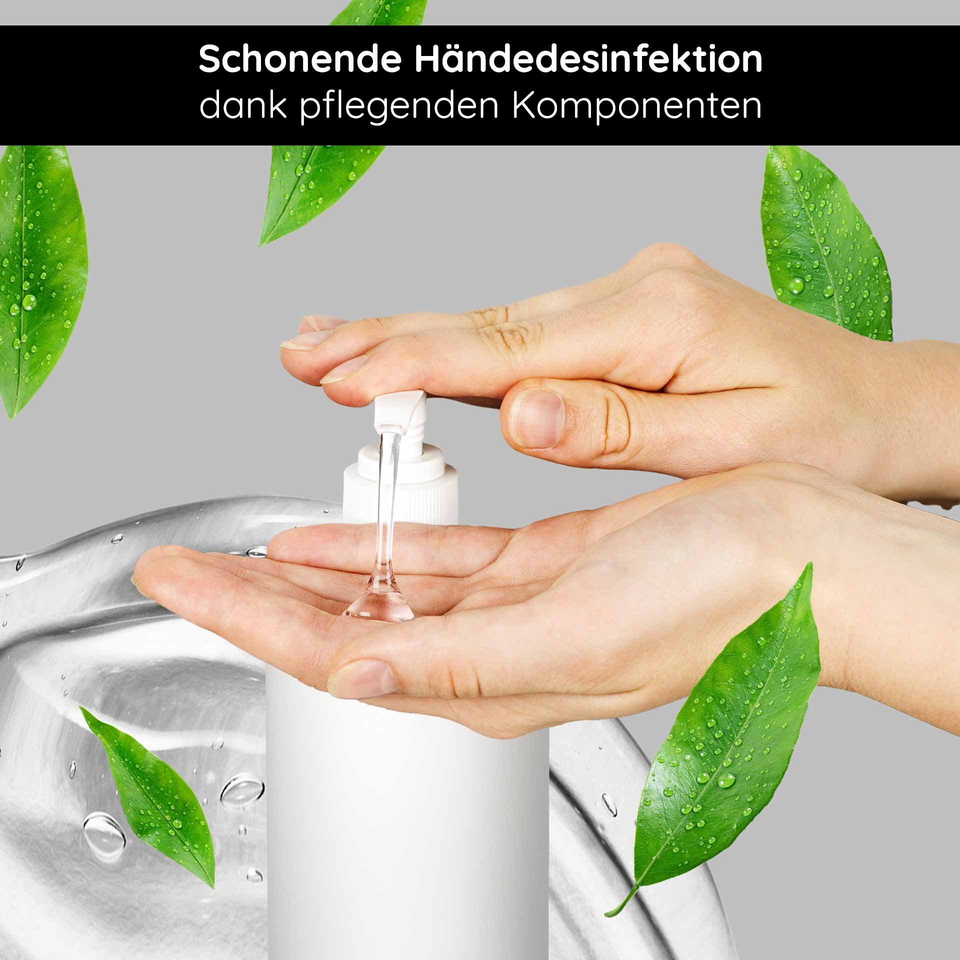 Hände desinfizieren mit RAU Cosmetics Hand Care Cleansing Gel, sanfte Pflege und antibakterielle Wirkung, umgeben von grünen Blättern und Wassertropfen.