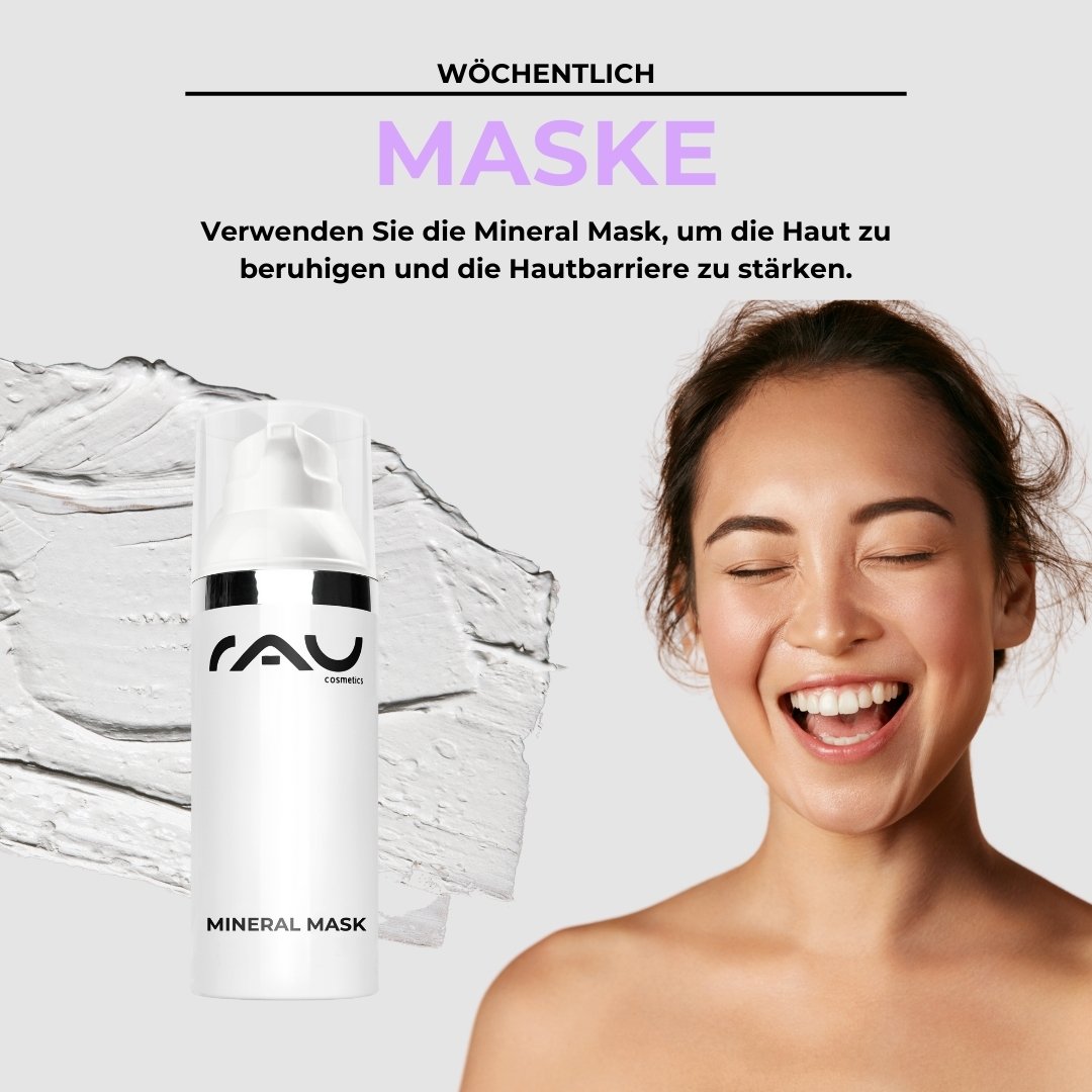 Masque minéral de RAU Cosmetics avec une femme souriante présentant une peau saine et soulignant l'effet bénéfique dans le traitement de la neurodermite.