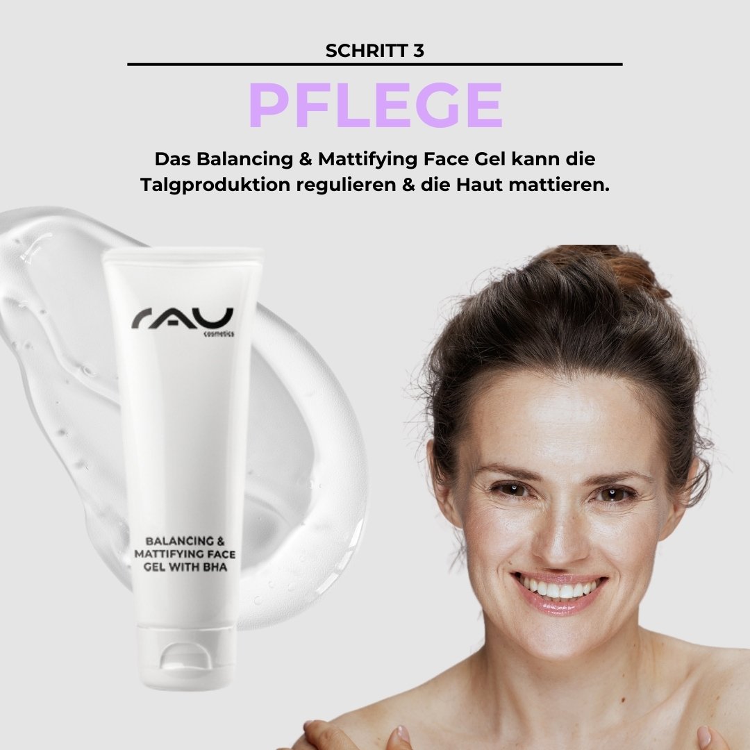 Gel visage équilibrant et matifiant de RAU Cosmetics, femme souriante démontrant sa routine de soin pour peaux grasses, mettant en avant la régulation du sébum et le fini mat.