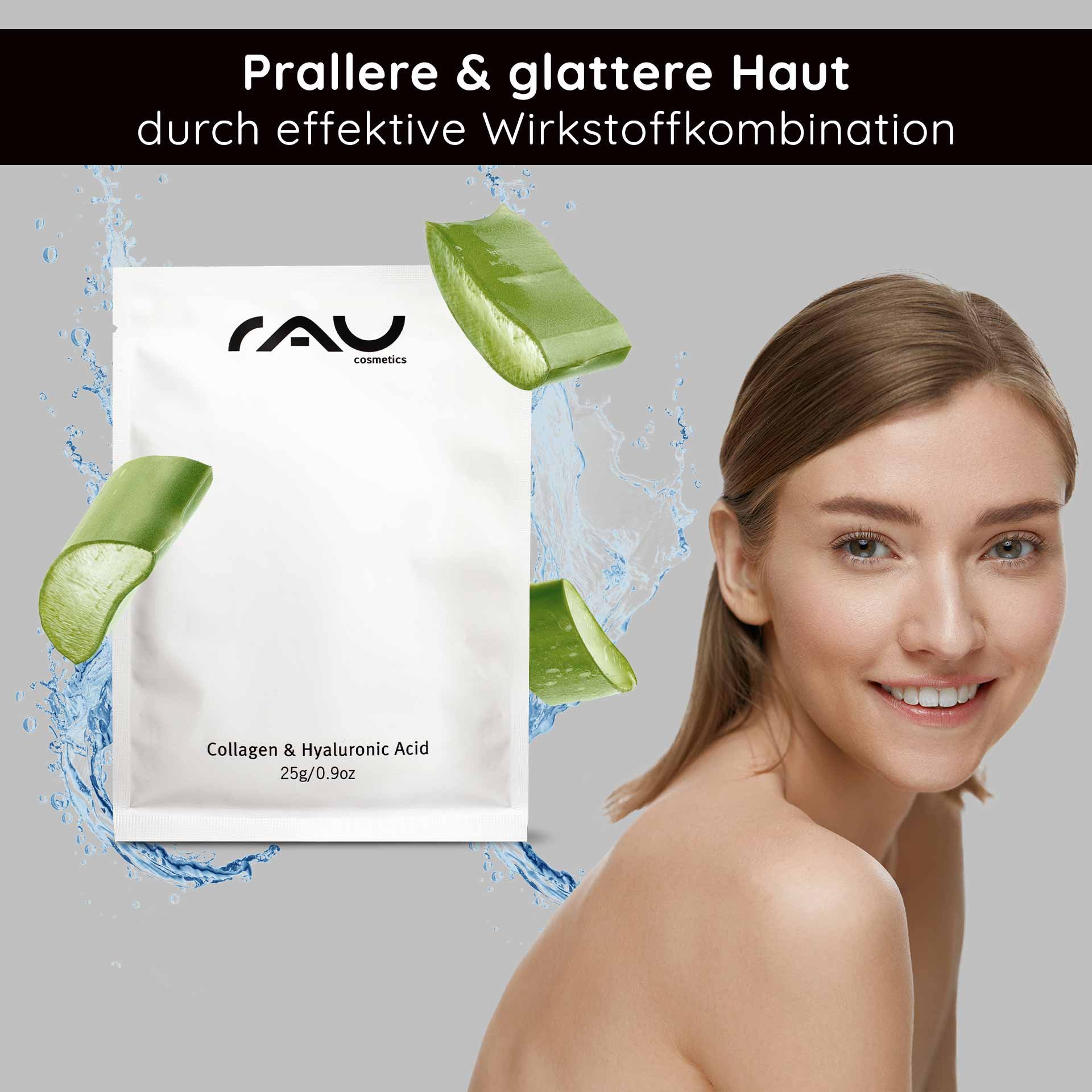 Emballage du masque au collagène et à l'acide hyaluronique avec des éléments d'aloe vera et une femme souriante présentant une peau saine et soulignant les bienfaits anti-âge et hydratants.