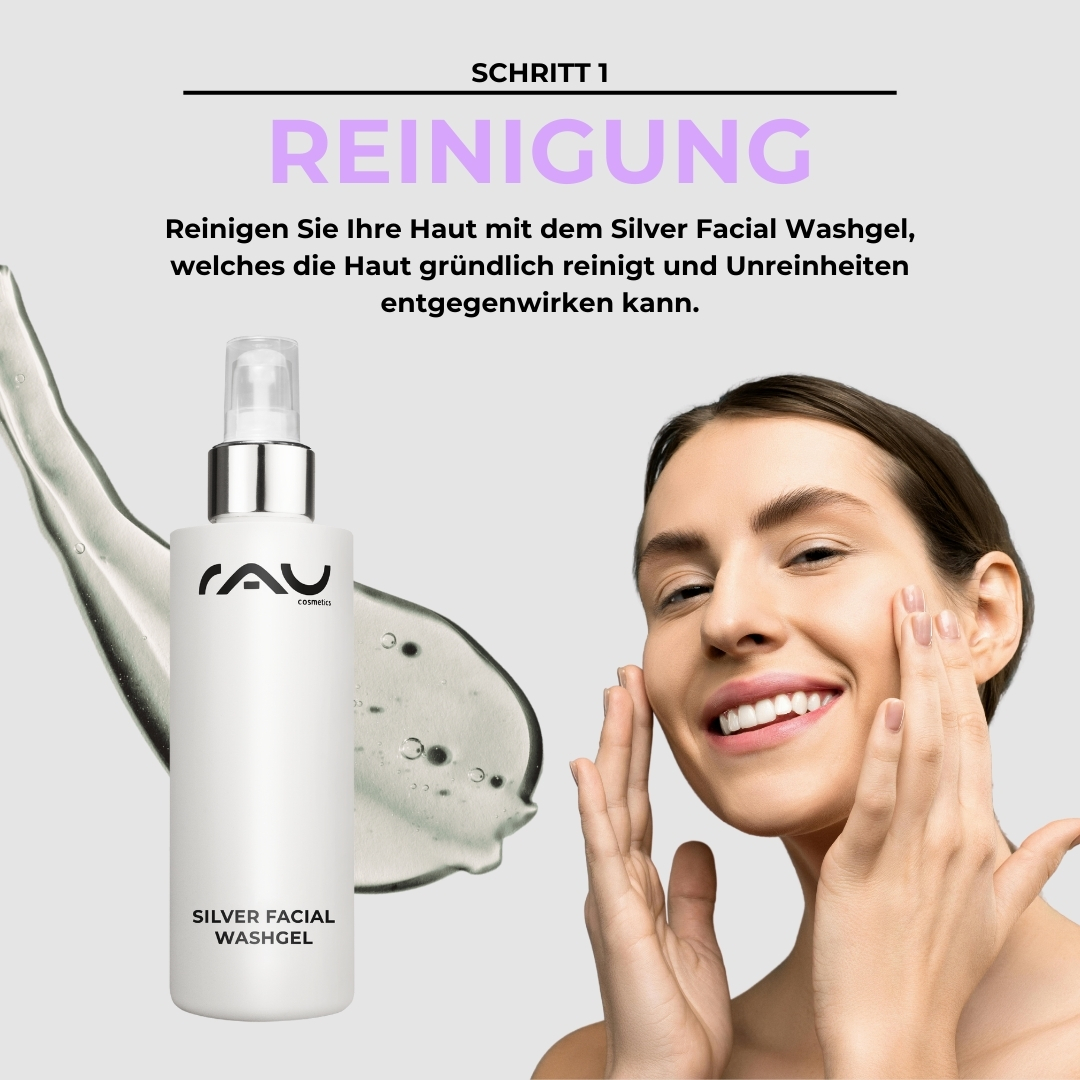 Routine de soin professionnelle pour peau impure et grasse Frau mit fröhlichem Gesicht, die das Silver Facial Washgel von RAU Cosmetics anwendet, um unreine fettige Haut zu reinigen; Produktflasche mit der Aufschrift "Silver Facial Washgel" im Vordergrund.