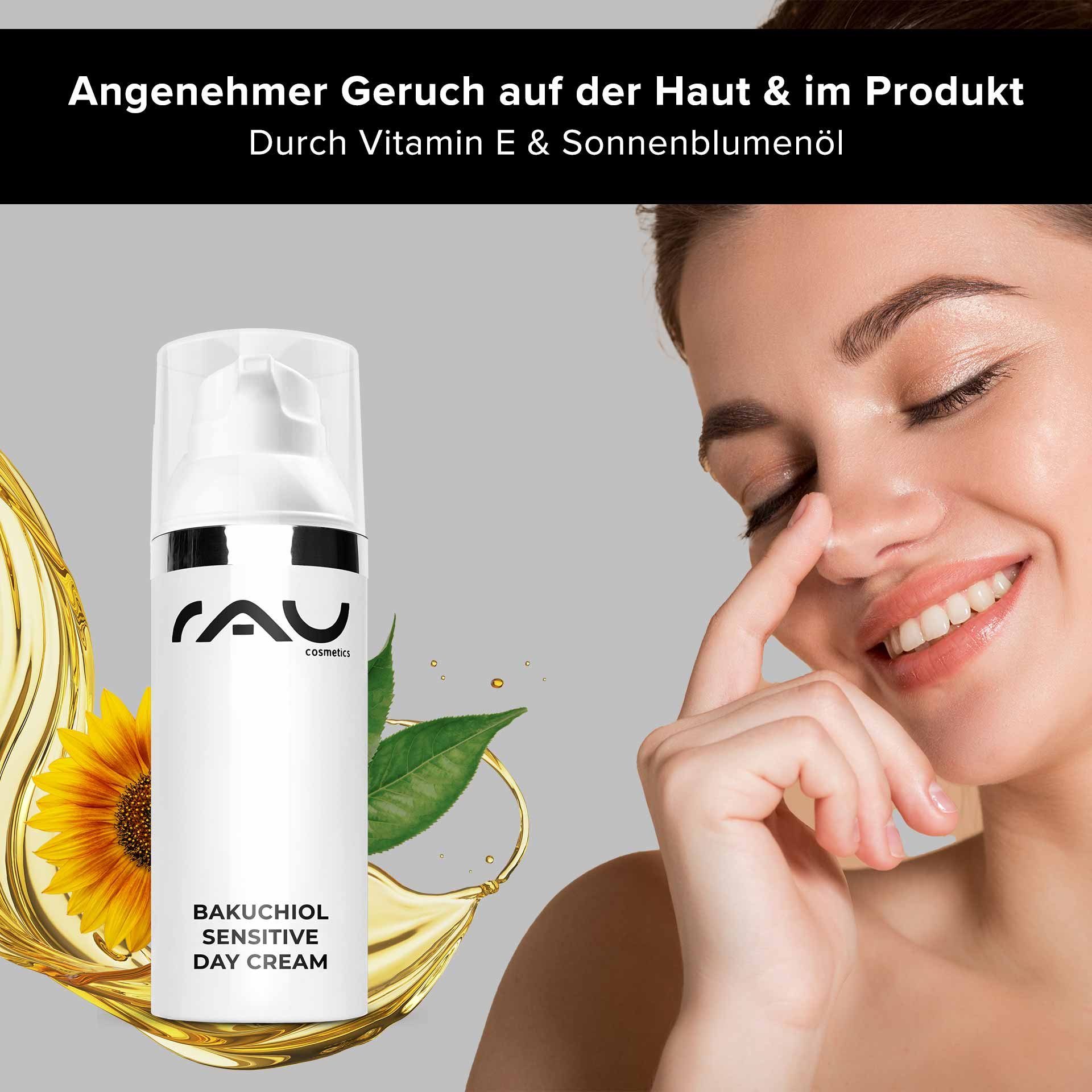 RAU Bakuchiol Tagescreme Rueckseite mit INCI-Liste und Anwendungshinweisen