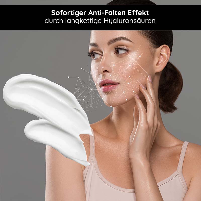 Crème Hyaluron 24h 200 ml au beurre de karité & huile d'avocat Frau mit glatter Haut und Anti-Falten-Creme, betont die Vorteile von langkettigen Hyaluronsäuren für sofortige Hautstraffung und -pflege.