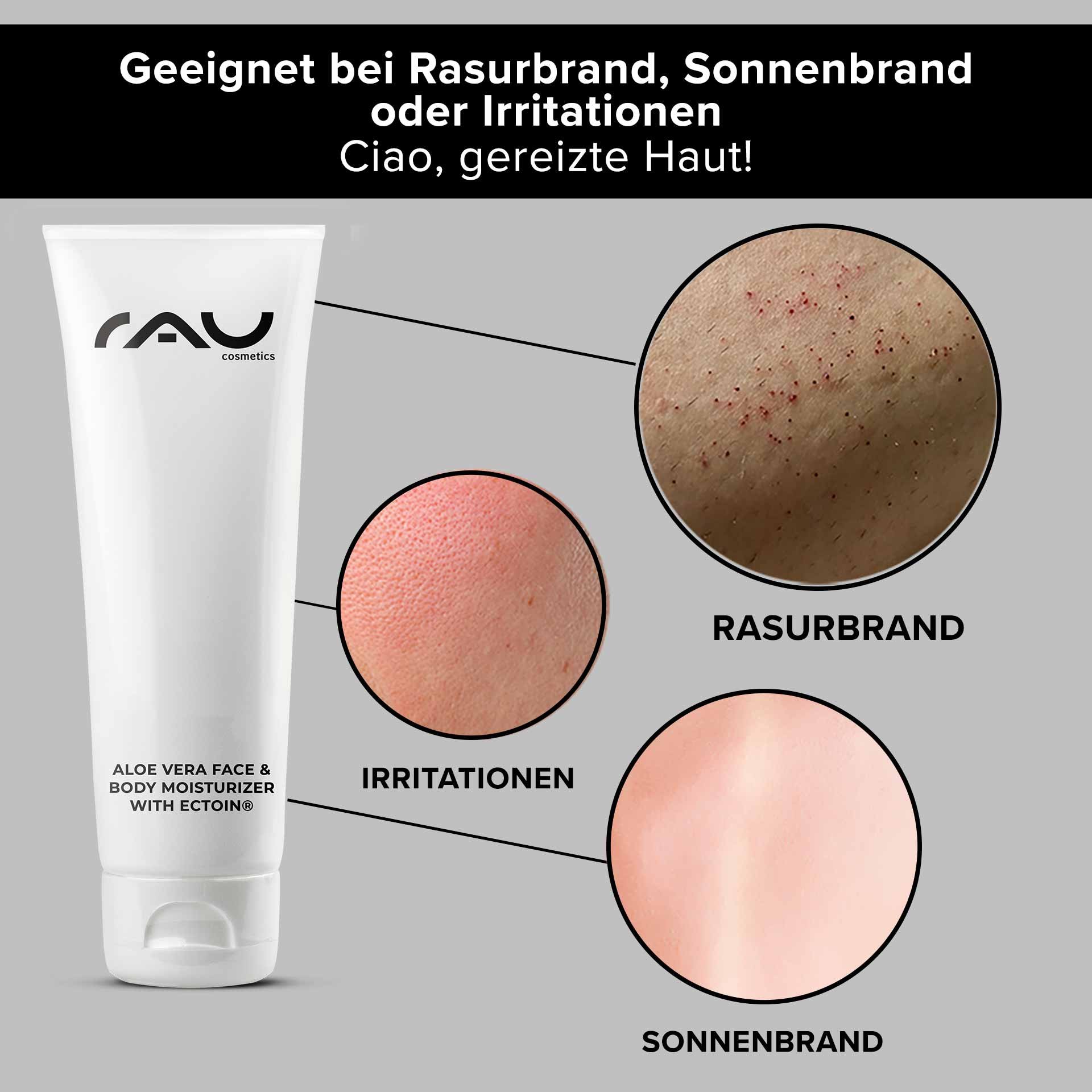 RAU Cosmetics Aloe Vera Face Moisturizer Gel – Tube de 75 ml avec aloe vera apaisant et Ectoin® pour un soin hydratant doux pour les peaux sensibles.