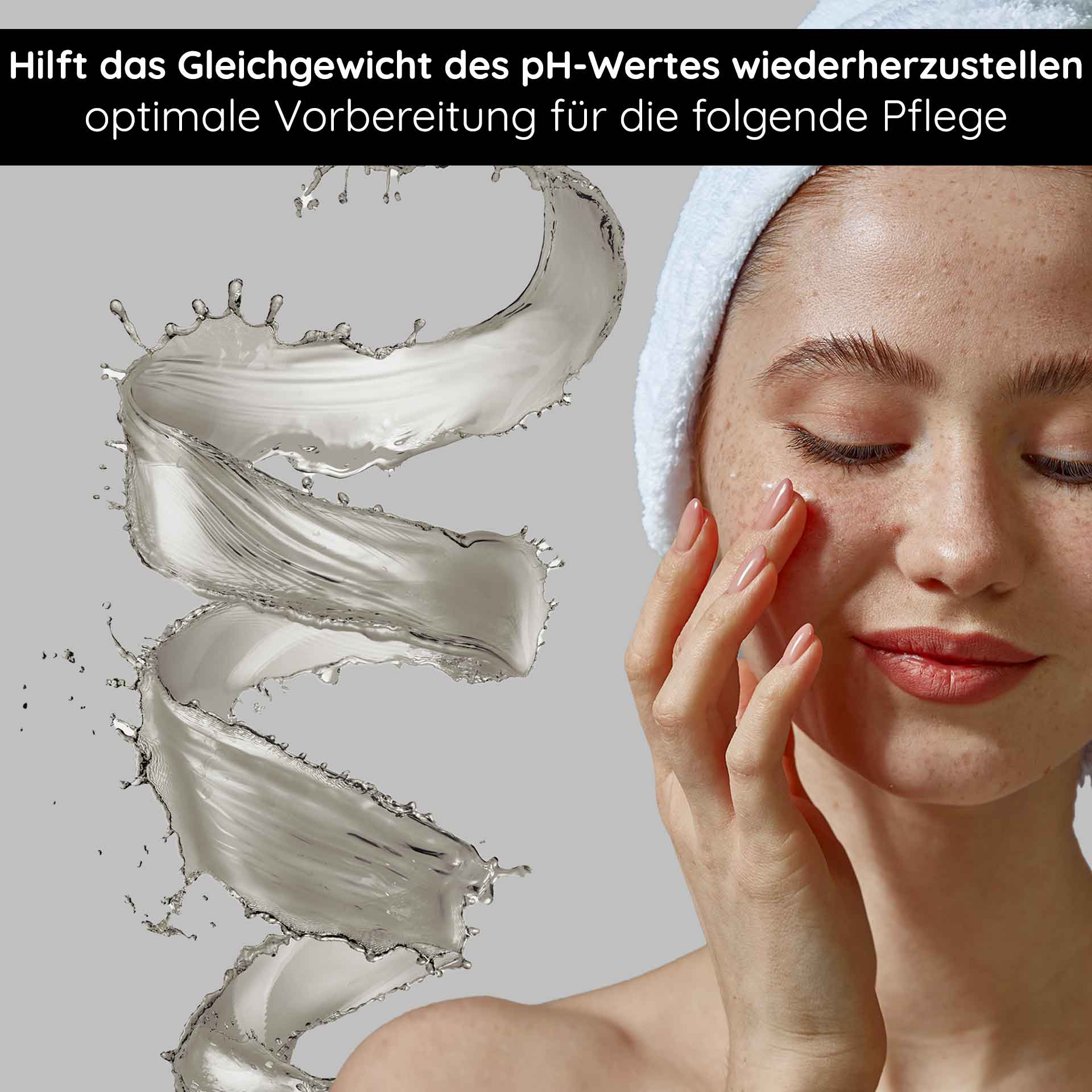 AHA Neutralizer 200 ml pour neutraliser la peau AHA-Neutralisator mit einer Frau, die ihn auf ihr Gesicht aufträgt. Er zeigt die Wiederherstellung des pH-Gleichgewichts und die Vorbereitung auf die Hautpflege, mit wirbelnder gelartiger Textur und Wasserspritzern.