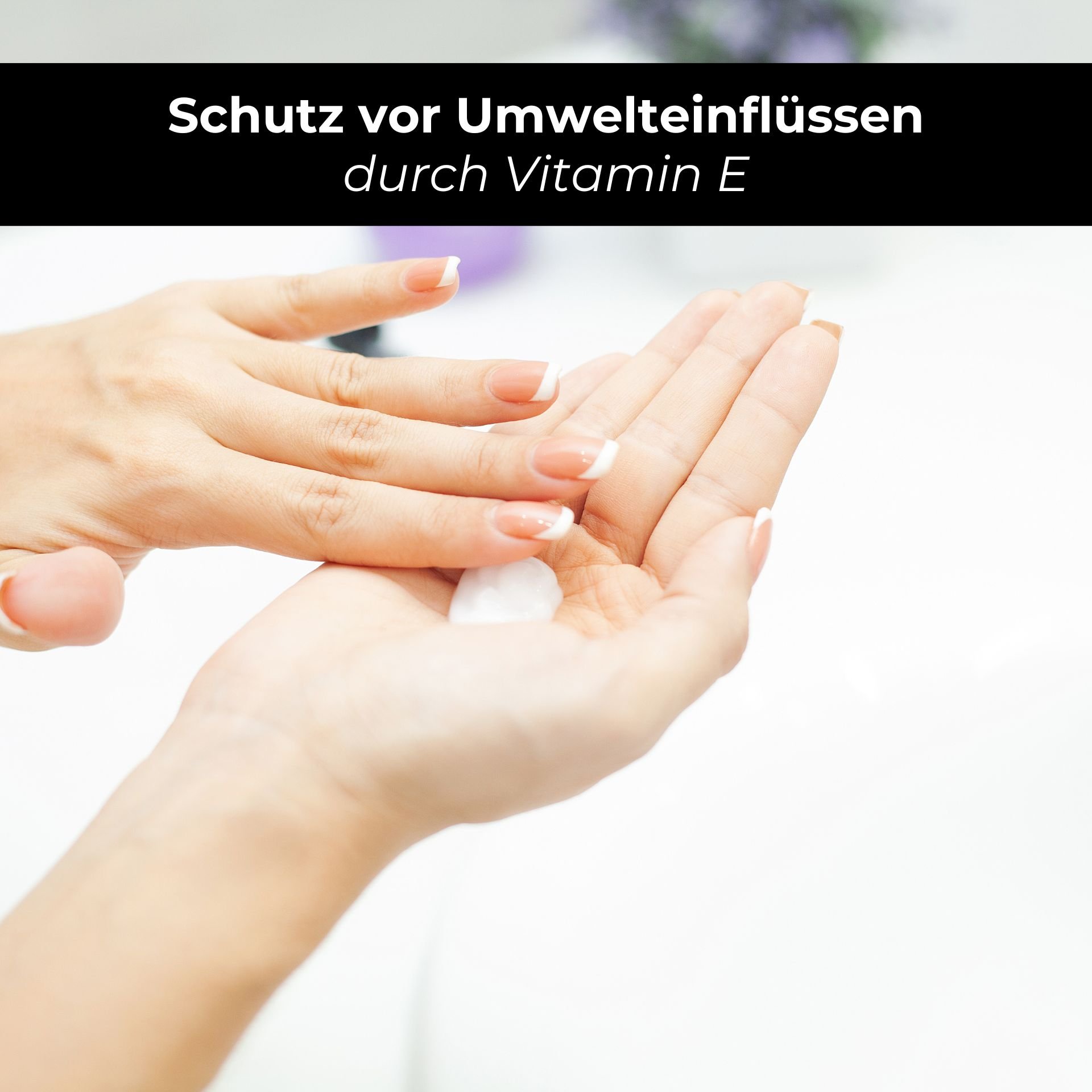 Mains appliquant une lotion hydratante, mettant l'accent sur la protection contre les influences environnementales grâce à la vitamine E, adaptée à la lotion corporelle RAU Cosmetics pour peaux sèches.