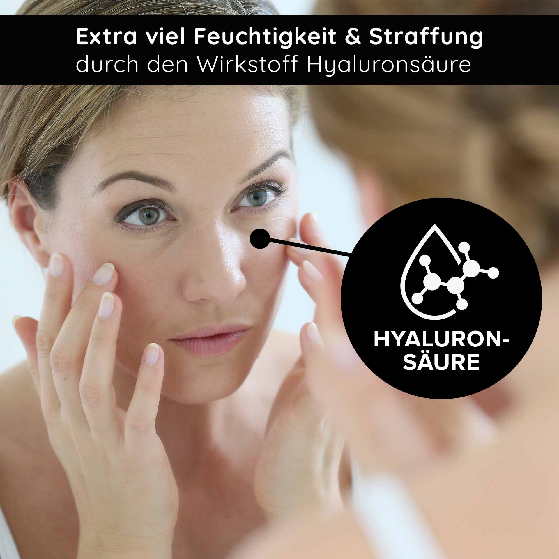 Femme avec application douce de soin de la peau, souligne l'acide hyaluronique pour une hydratation supplémentaire et un raffermissement, dans le contexte de l'anti-âge et du soin de la peau.