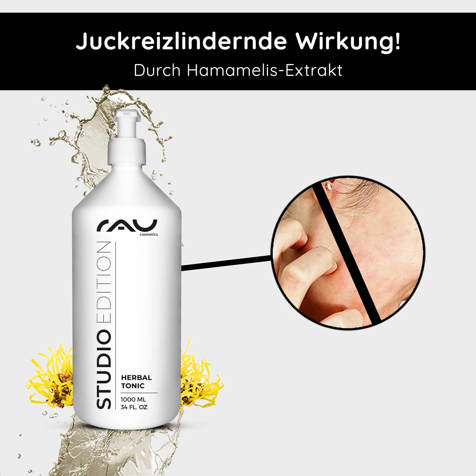 Un flacon de tonique aux herbes de RAU Cosmetics à l'extrait d'hamamélis, ayant un effet apaisant sur les peaux sensibles et doté d'une image insérée d'une main touchant doucement une peau irritée.