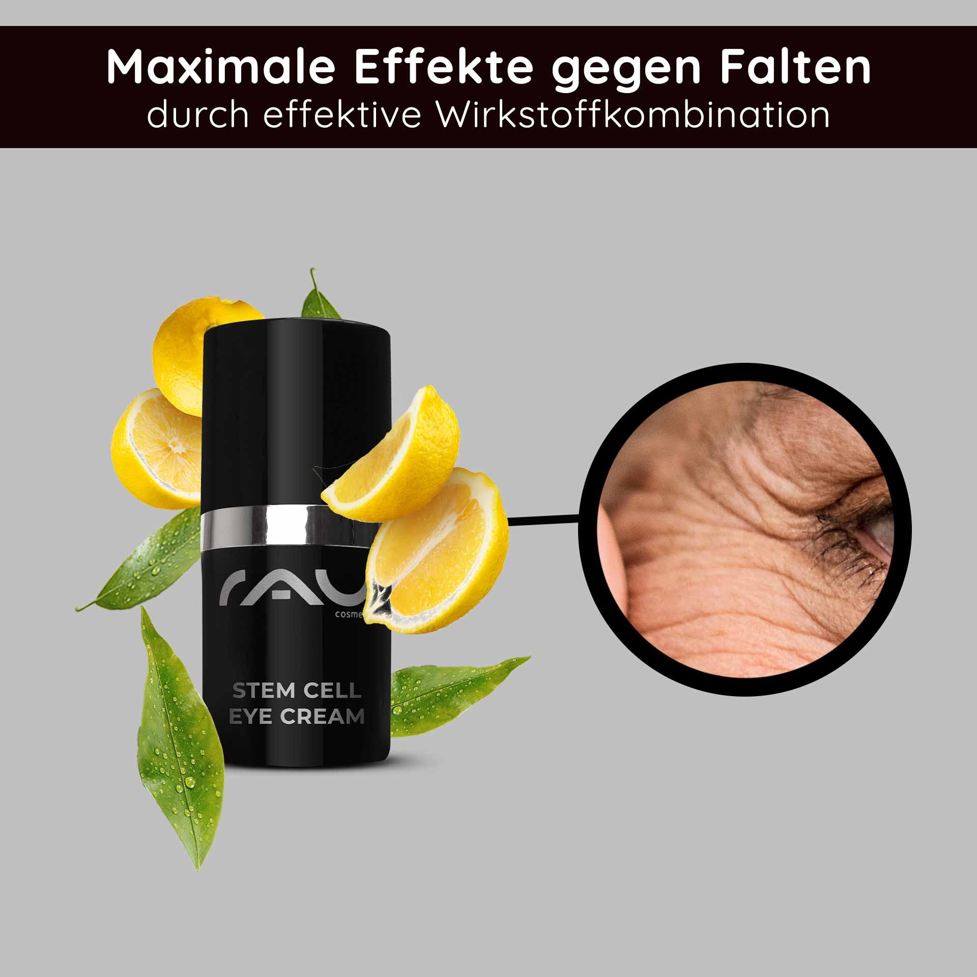 RAU Cosmetics Stem Cell Eye Cream – luxuriöse Augencreme mit pflanzlichen Stammzellen aus Traube, Alpenrose und Schweizer Apfel. Abbildung des Produkts in einem eleganten Tiegel mit silbernem Deckel.