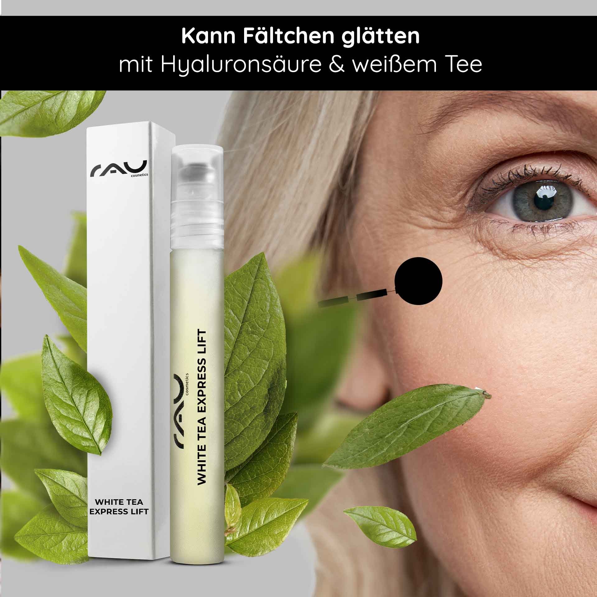 RAU Cosmetics White Tea Express Lift Roll-On Anti-Aging Serum mit Hyaluronsäure und weißem Tee, fördert die Faltenglättung, umgeben von grünen Teeblättern und einer Nahaufnahme eines Auges.