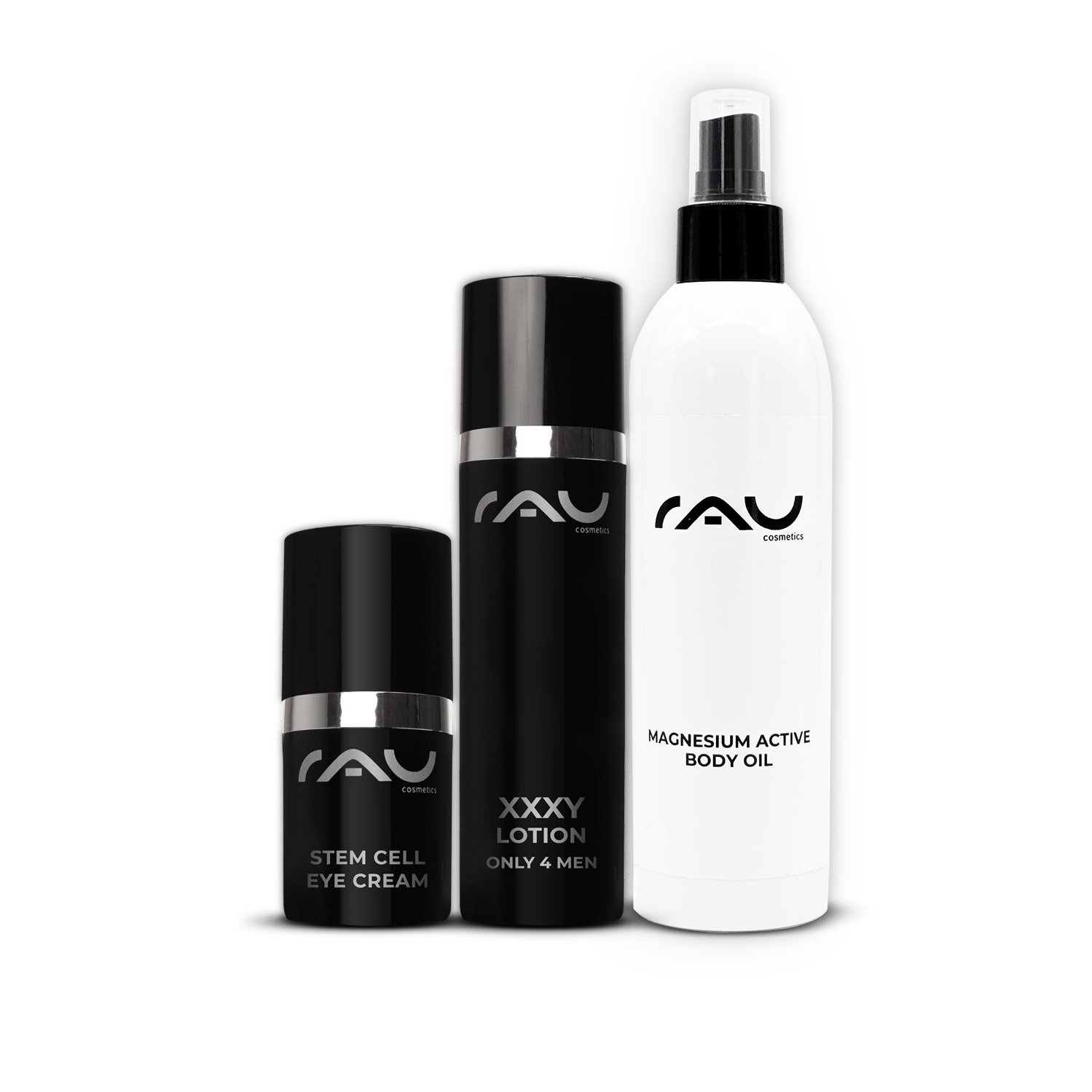 Magnesium Active Body Oil, XXXY Lotion et Stem Cell Eye Cream de RAU Cosmetics présentent les produits de soin essentiels pour hommes pour la régénération, l'hydratation et l'anti-âge.