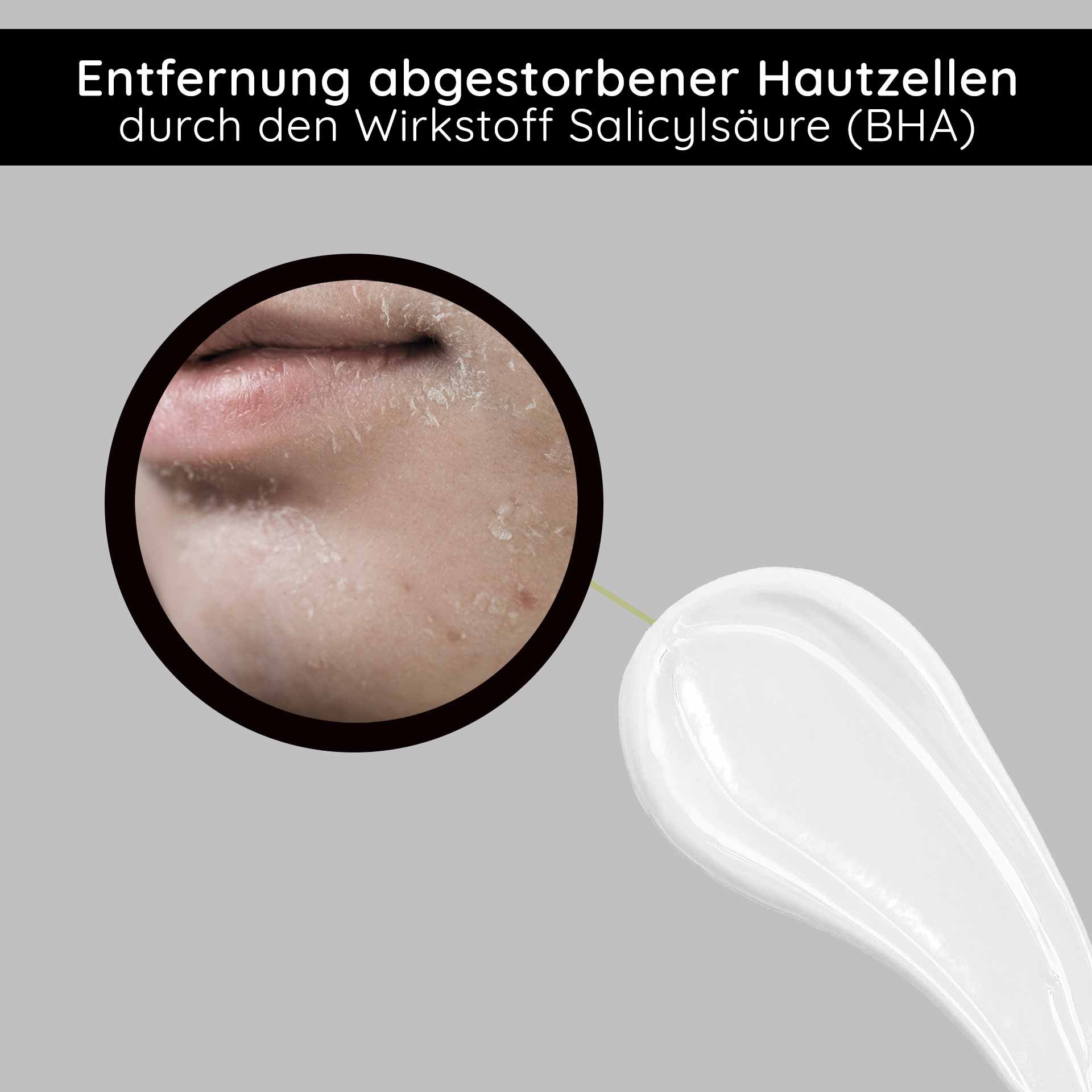 Entfernung abgestorbener Hautzellen durch Salicylsäure (BHA) mit Texturansicht der Fruchtsäurecreme von RAU Cosmetics.