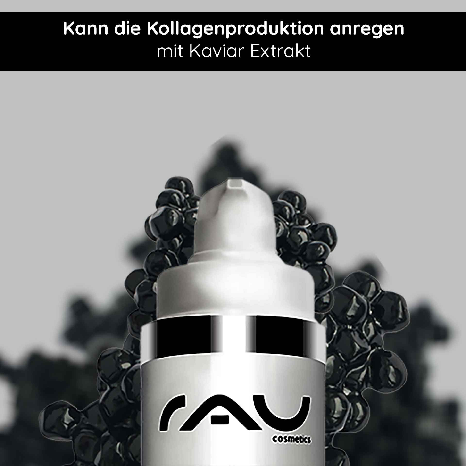 Caviar Eye Cream Tiegel in Verpackung mit RAU Cosmetics Branding