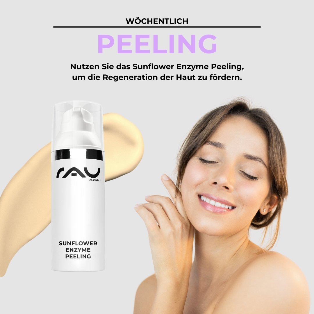 Peeling hebdomadaire pour peaux sensibles avec le Sunflower Enzyme Peeling de RAU, conseils d'utilisation et régénération de la peau.