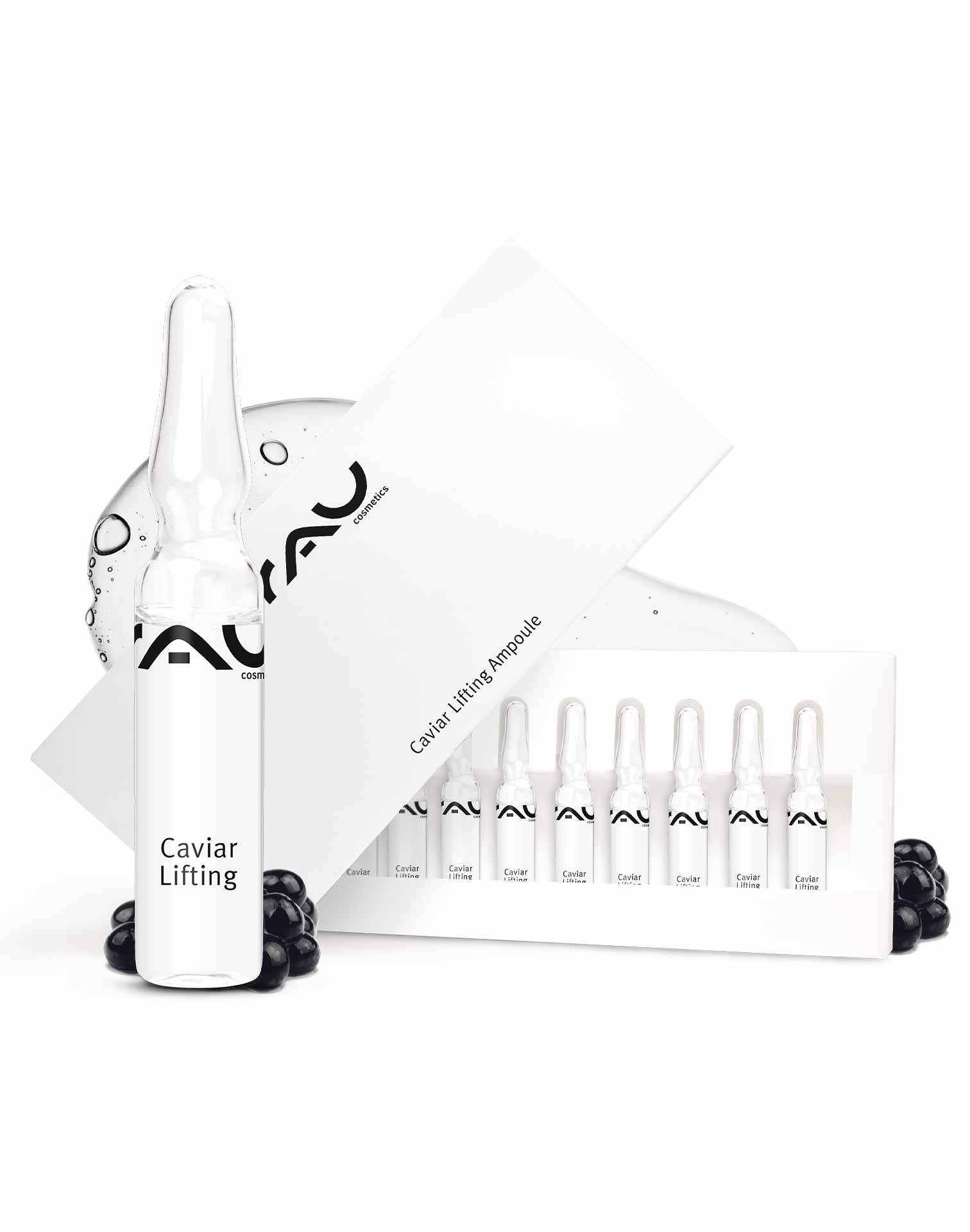 Ampoules Caviar Lifting 10x2 ml Anti-âge & Reproduction Caviar Lifting Ampullen von RAU Cosmetics, 10x2 ml, Anti-Aging Serum mit Kaviarextrakt, verpackt in einer eleganten Box, umgeben von Kaviarperlen, für straffere und revitalisierte Haut.