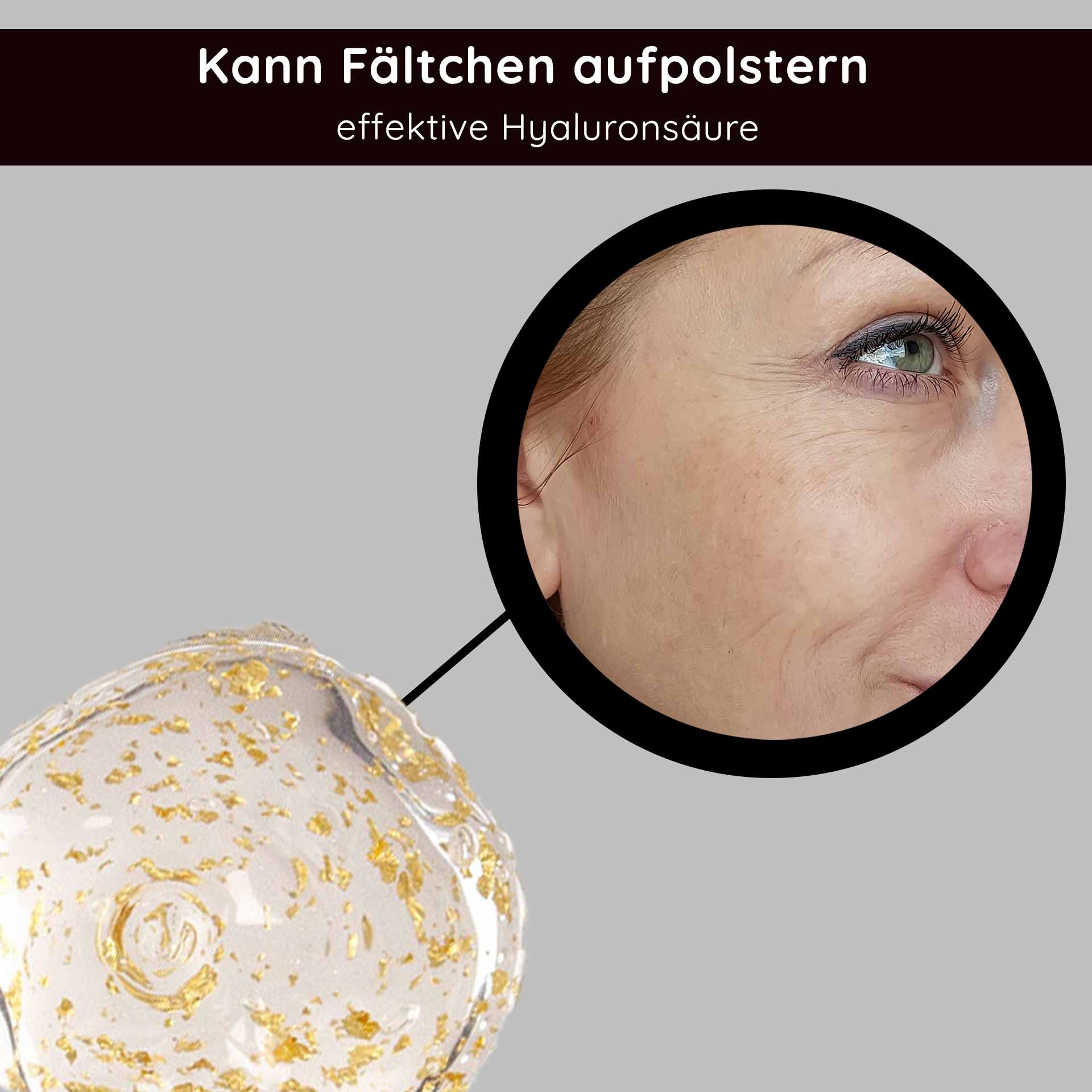Gel hyaluronique doré avec or 23 carats, soulignant ses propriétés anti-âge et son efficacité pour repulper les ridules, à côté d'un gros plan sur l'amélioration de la texture de la peau.
