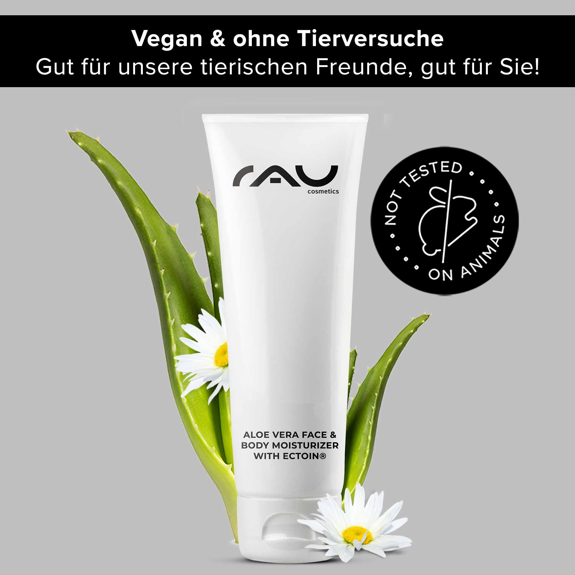 RAU Cosmetics Aloe Vera Face Moisturizer Gel – Tube de 75 ml avec aloe vera apaisant et Ectoin® pour un soin hydratant doux pour les peaux sensibles.