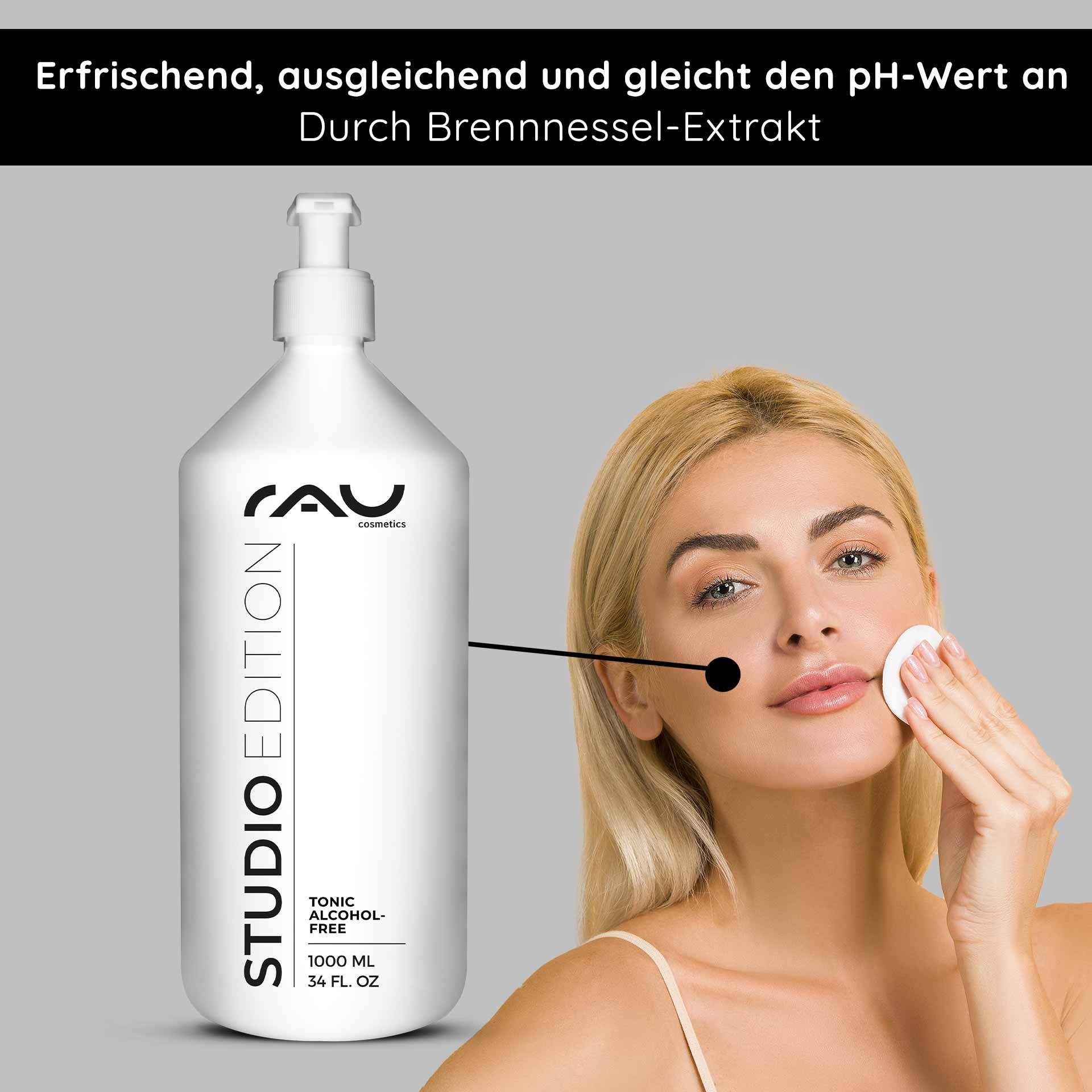 Tonique sans alcool 1000 ml à l'extrait d'ortie Alkoholfreies Gesichtstonic von RAU Cosmetics in 1000 ml Flasche, Anwendung auf empfindlicher Haut mit Brennnesselextrakt zur Porenverfeinerung und pH-Wert-Ausgleich.