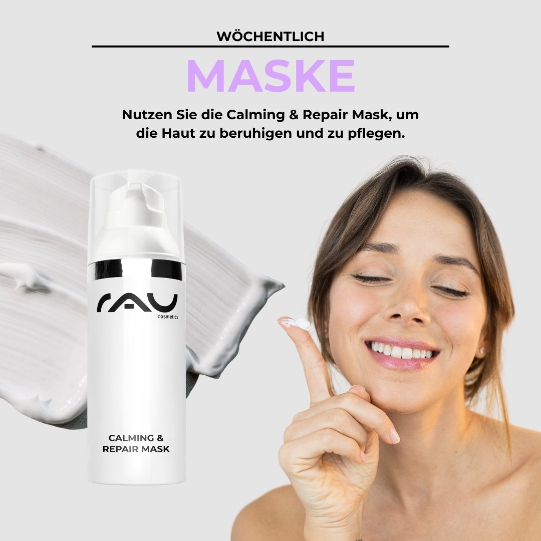 Calming & Repair Mask de RAU Cosmetics, femme souriante s'appliquant de la crème, routine de soin pour peaux sensibles.