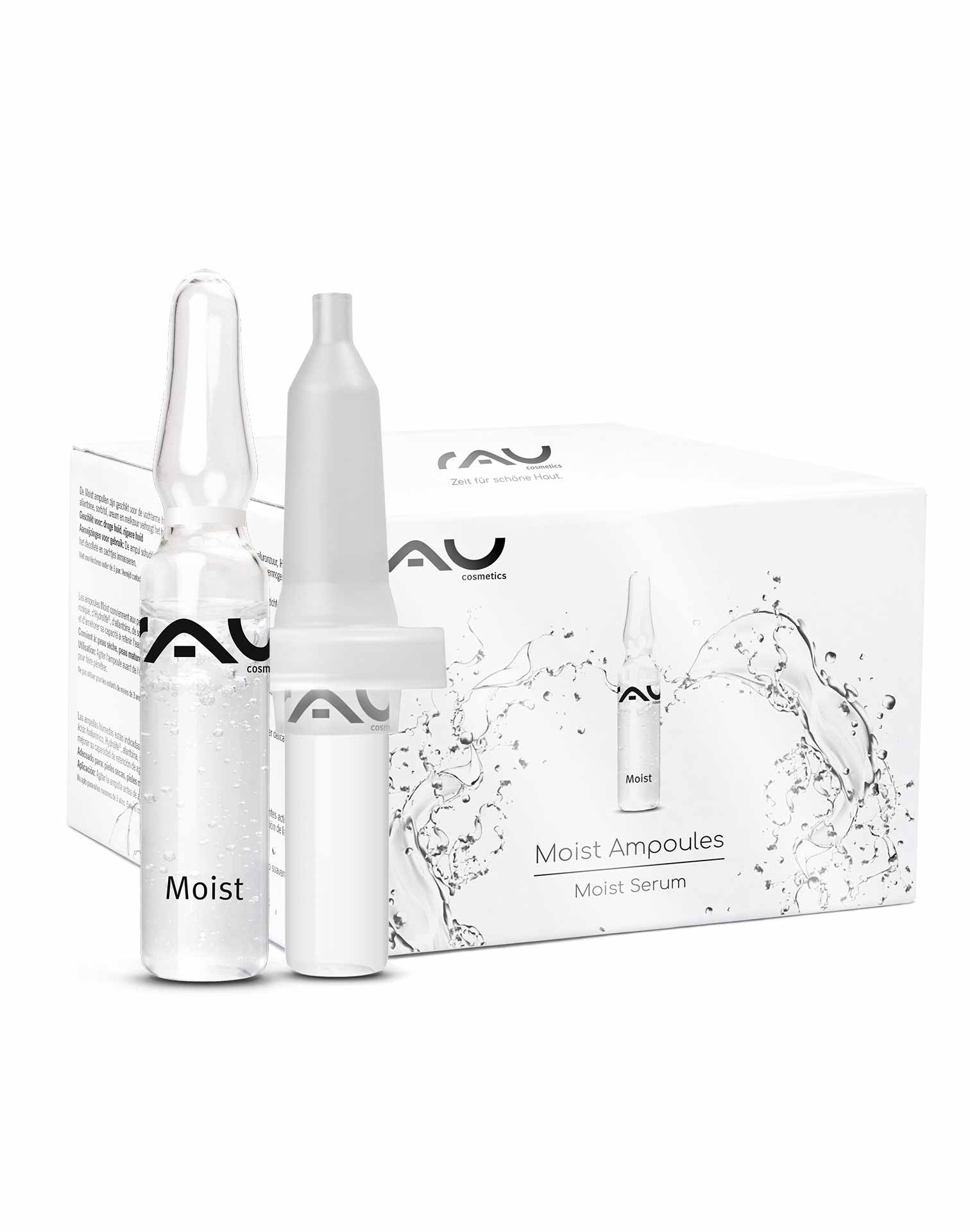 Ampoules Moist 7x2 ml avec applicateur Hyaluron Booster RAU Cosmetics Moist Ampullen-Verpackung mit einer durchsichtigen Ampulle und einem Applikator, mit feuchtigkeitsspendendem Serum für trockene und reife Haut.