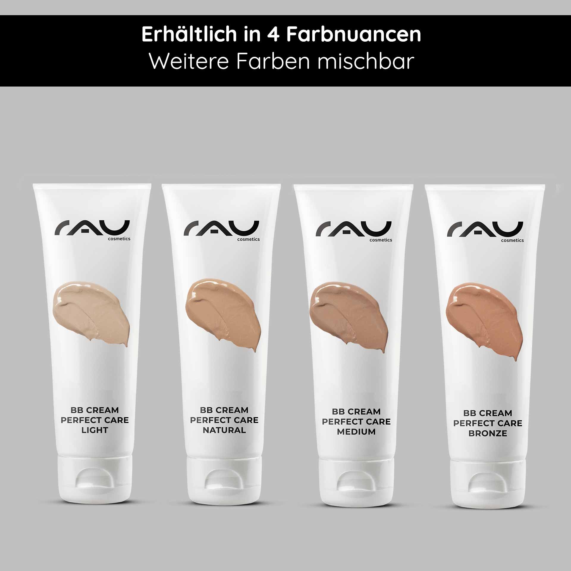 RAU Cosmetics BB Cream Perfect Care en quatre teintes : Light, Natural, Medium et Bronze, soulignant la polyvalence du produit et son adaptation au teint.