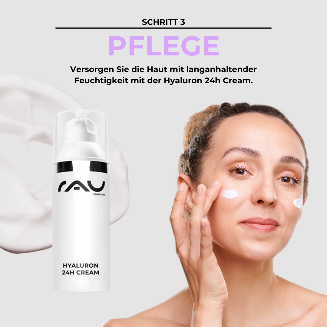 Routine de soins de base pour peau sèche Frau mit Hyaluron 24H Cream von RAU Cosmetics, die Feuchtigkeitscreme auf ihr Gesicht aufträgt, Schritt 3 der Basis Pflegeroutine für trockene Haut.