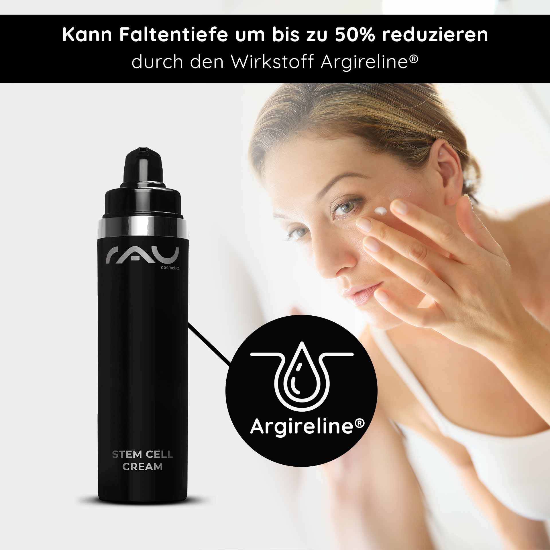 Flacon de RAU Cosmetics Stem Cell Cream avec étiquette Argireline®, une femme applique la crème sur son visage et souligne les bienfaits anti-âge pour les peaux matures.