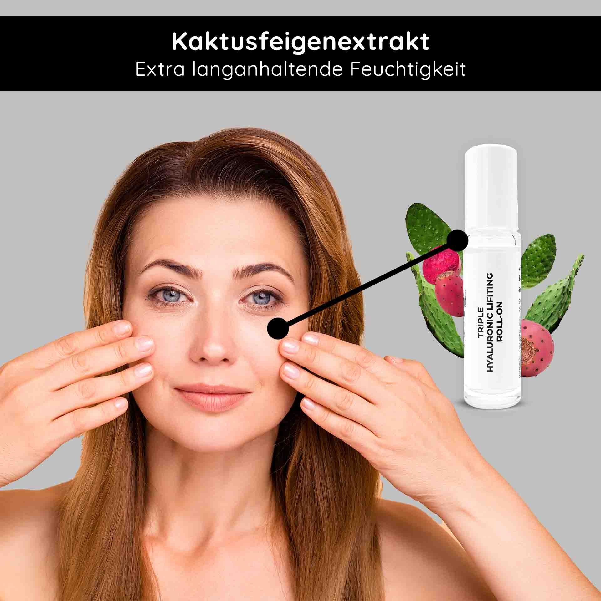 Frau mit glatter Haut, die Triple Hyaluronic Lifting Roll-On auf das Gesicht aufträgt, um extra langanhaltende Feuchtigkeit und Anti-Aging-Effekte mit Kaktusfeigenextrakt zu erzielen.