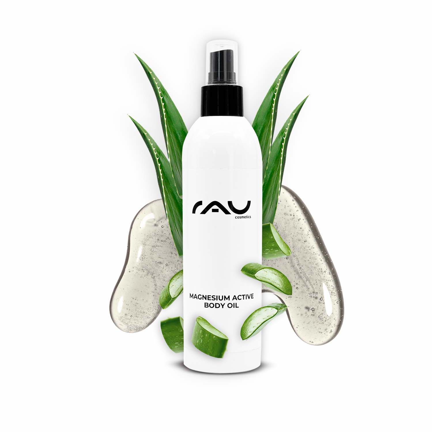 Huile corporelle active au magnésium 250 ml - ÉDITION LIMITÉE Flasche RAU Magnesium Active Body Oil mit Aloe-Vera-Blättern, fördert die Hautpflege für die Muskelregeneration und die Gesundheit der Mitochondrien.