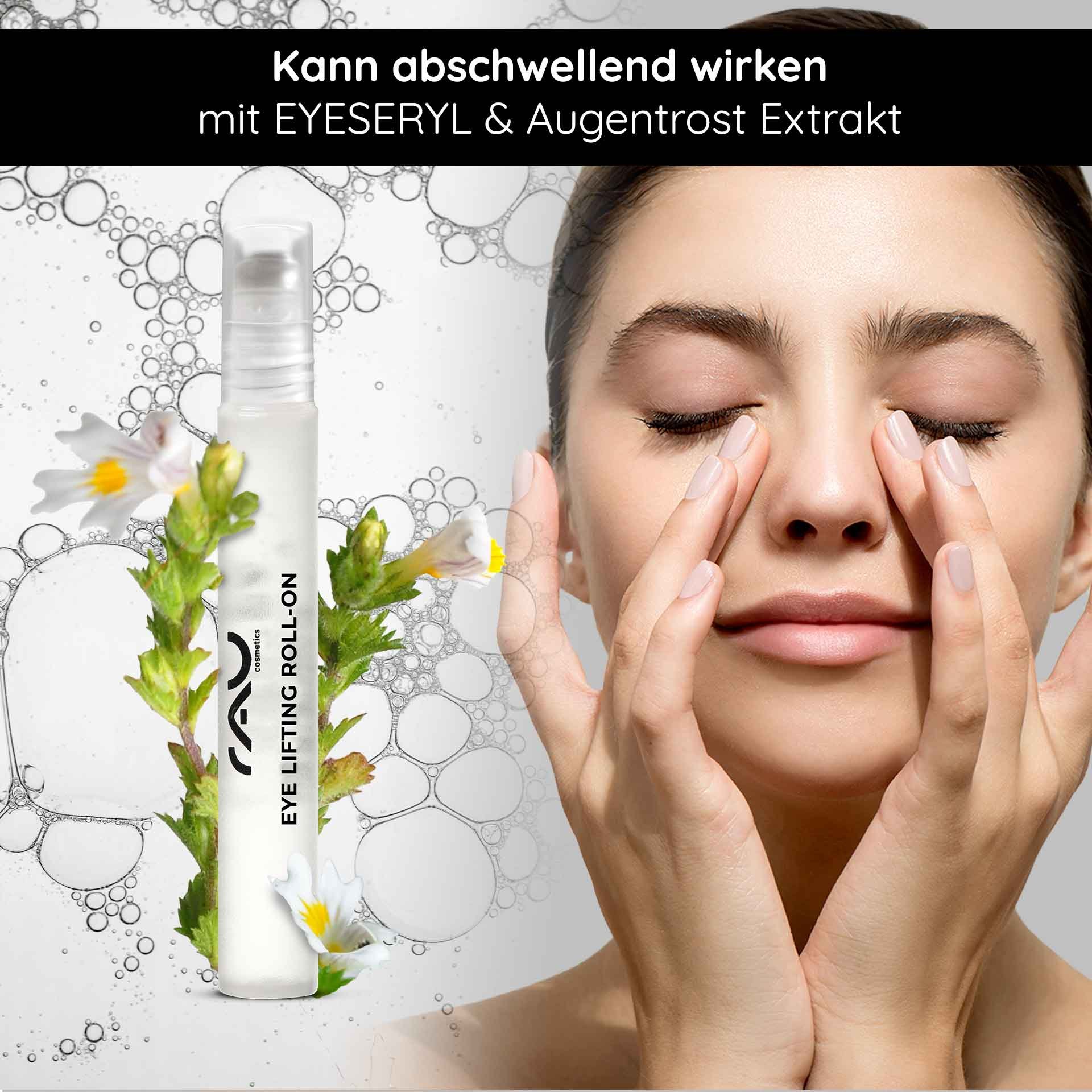 RAU Eye Lifting Roll-On mit EYESERYL und Augenkomfortextrakt, Frau trägt Produkt auf die Augenpartie auf, Blasen und florale Elemente im Hintergrund.