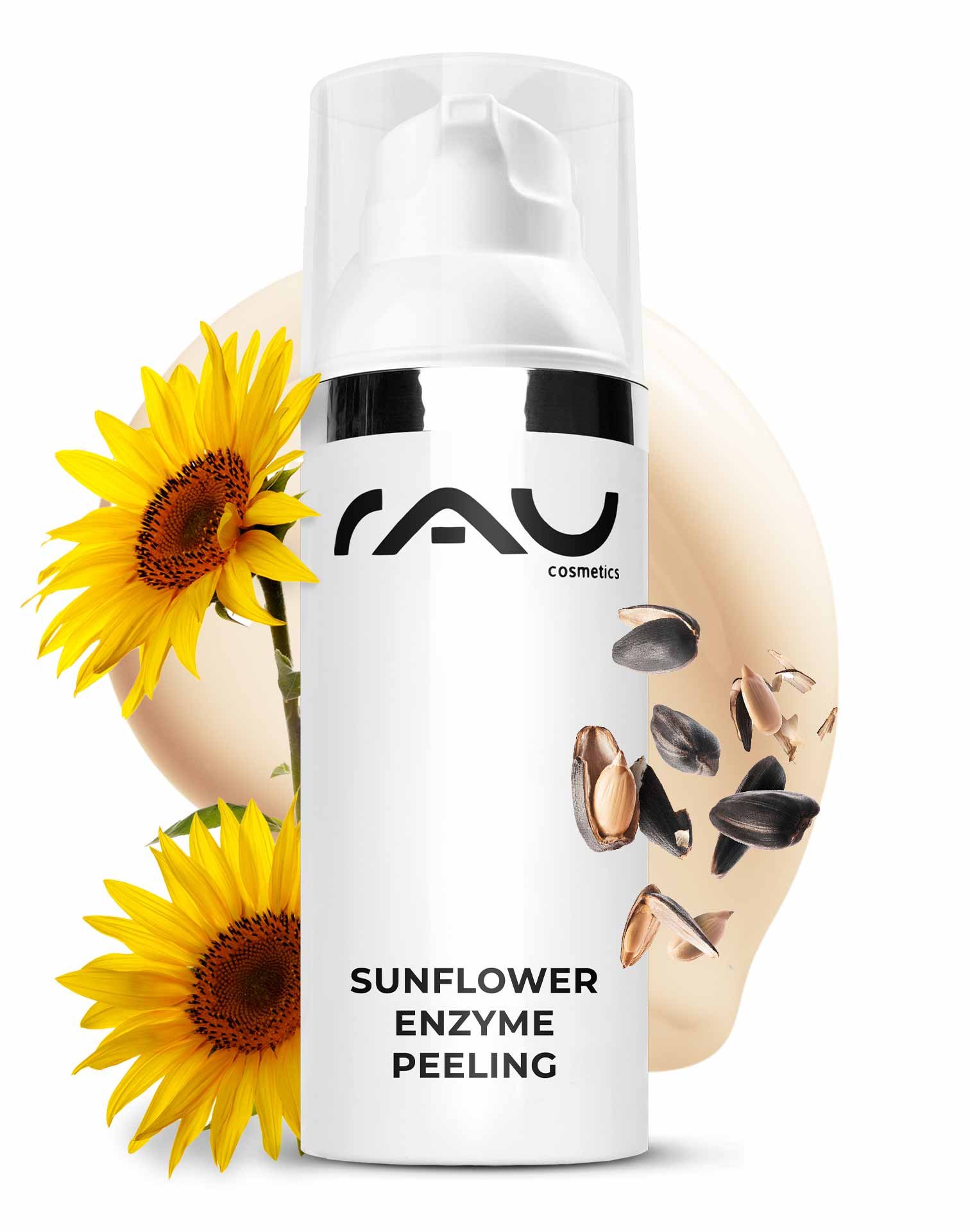 Emballage du Peeling aux Enzymes de Tournesol avec des fleurs de tournesol, mettant en avant le nom du produit et les bienfaits du peeling enzymatique pour les peaux sensibles.