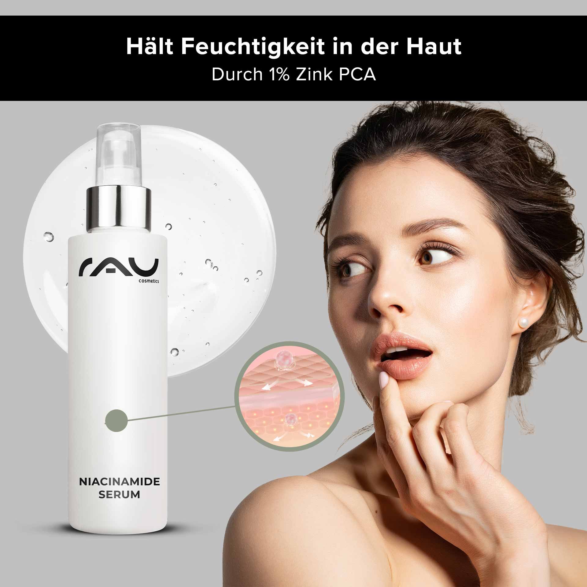 Wirkstoff Zink PCA: Ein Modell präsentiert die hydratisierte Haut nach der Anwendung des Serums zur Talgregulierung.