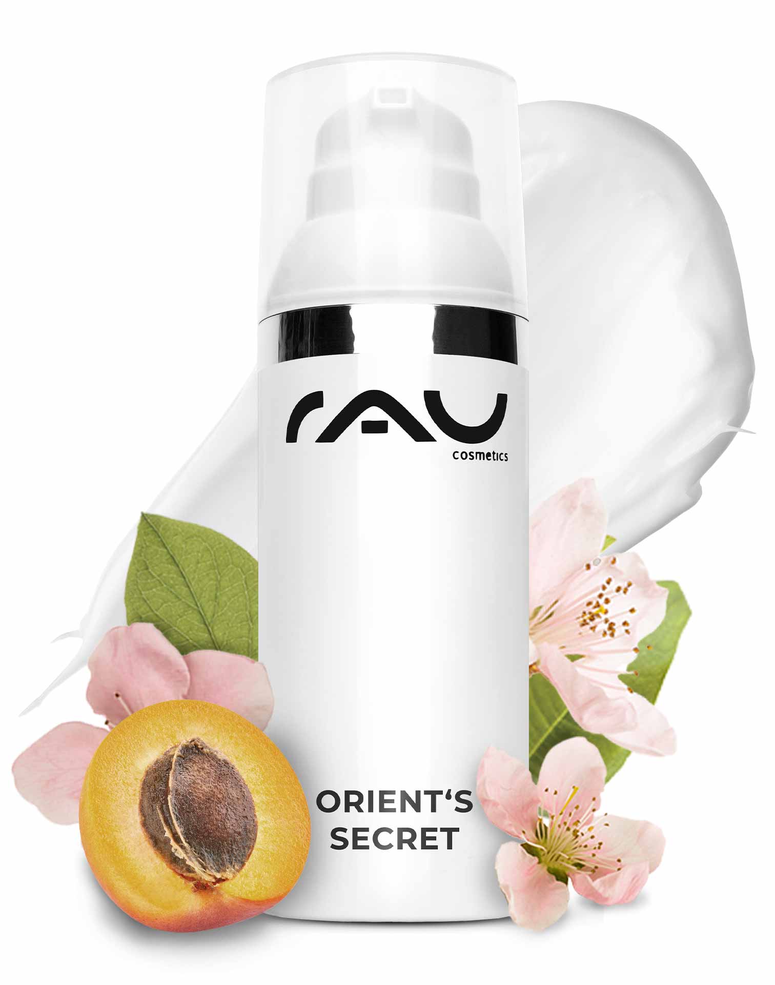 Orient's Secret 50 ml avec poudre d'améthyste RAU Cosmetics Orient's Secret Gesichtscremeflasche mit floralen Elementen und Pfirsich, fördert die Hautelastizität und Feuchtigkeitsversorgung für alle Hauttypen.