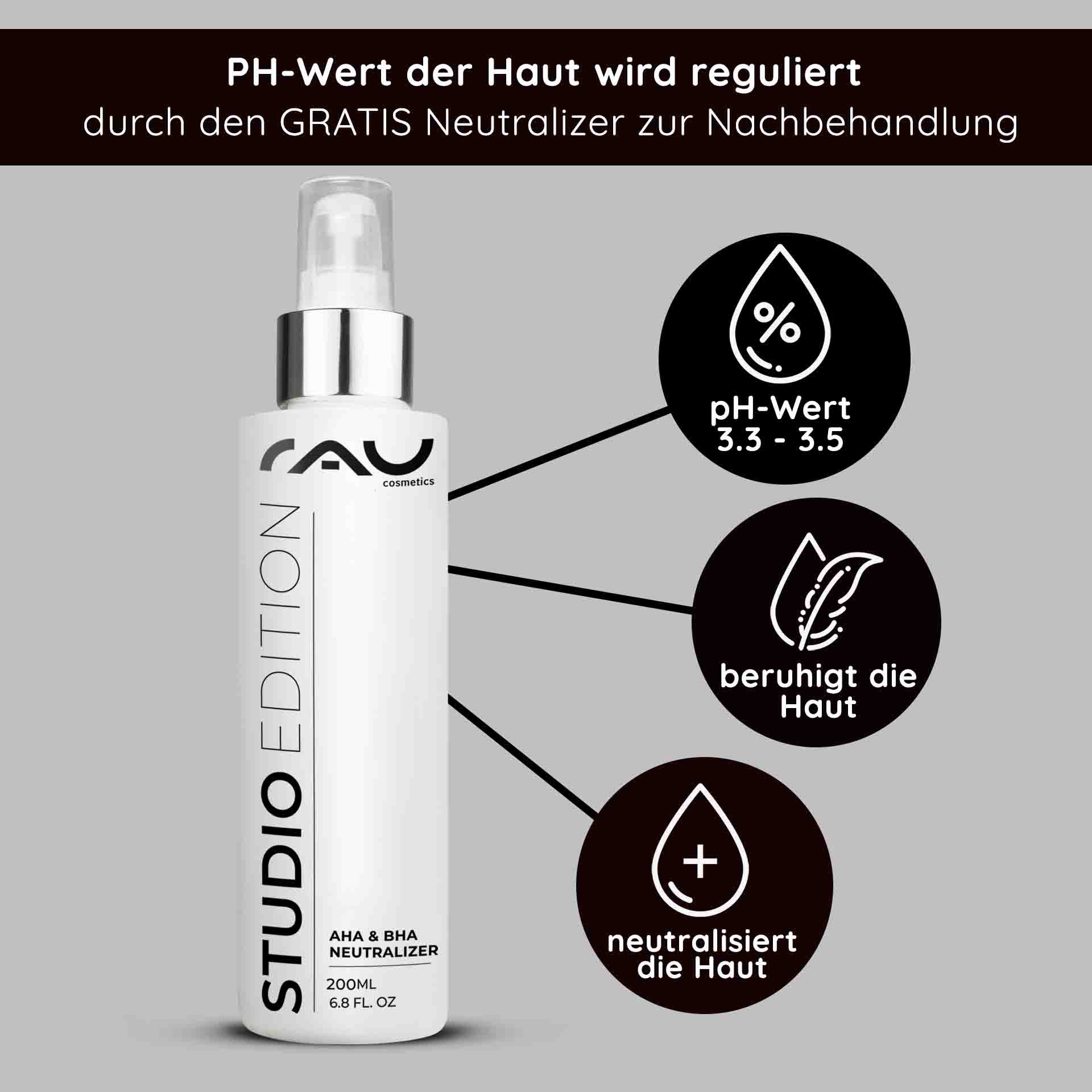 Flacon du neutralisant AHA & BHA de RAU Cosmetics, 200 ml, mettant l'accent sur la régulation du pH, les propriétés apaisantes et neutralisantes, avec logo de la marque et détails du produit.