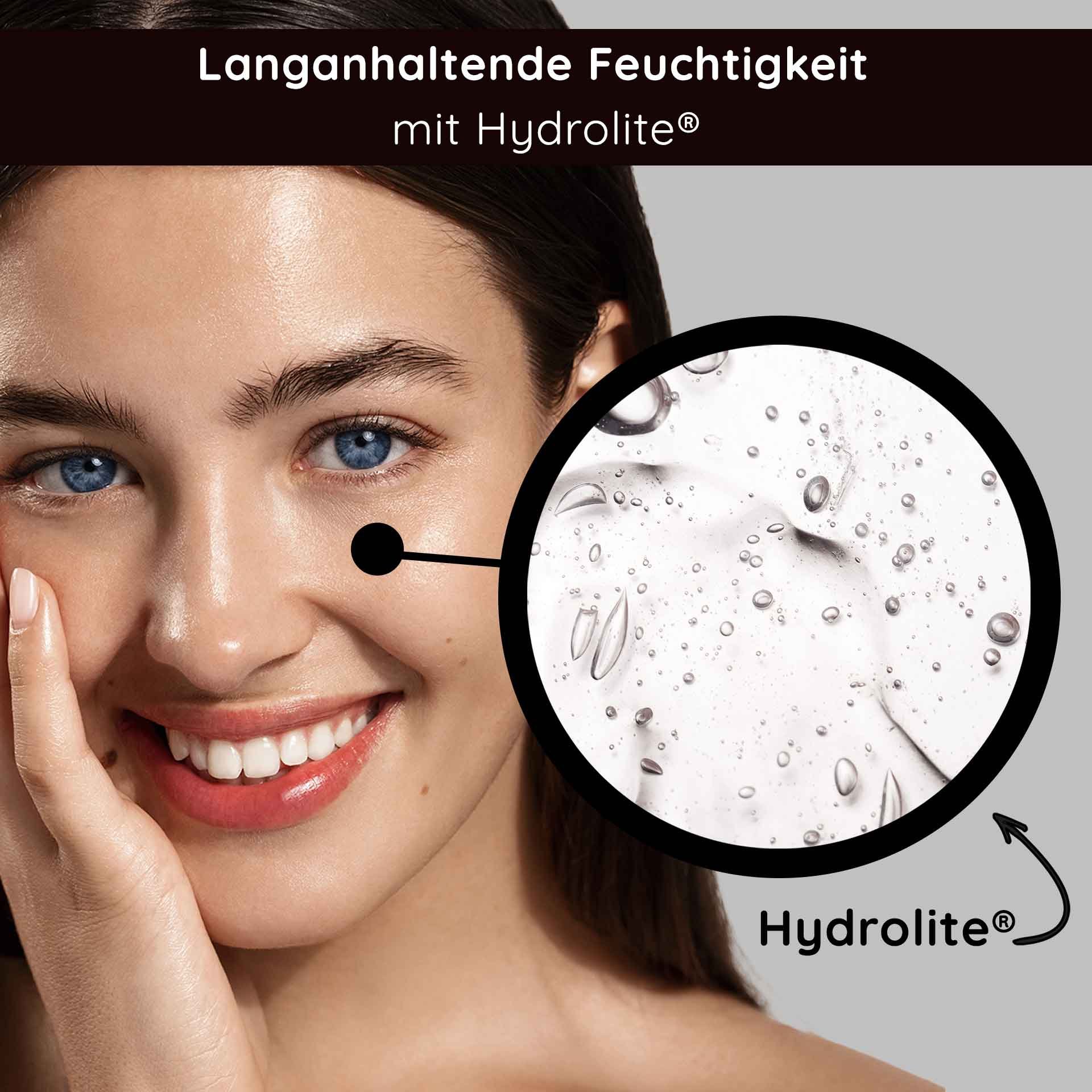 Femme souriante à la peau radieuse soulignant les bienfaits d'une hydratation longue durée avec Hydrolite®, complétée par un gros plan de gouttes hydratantes.