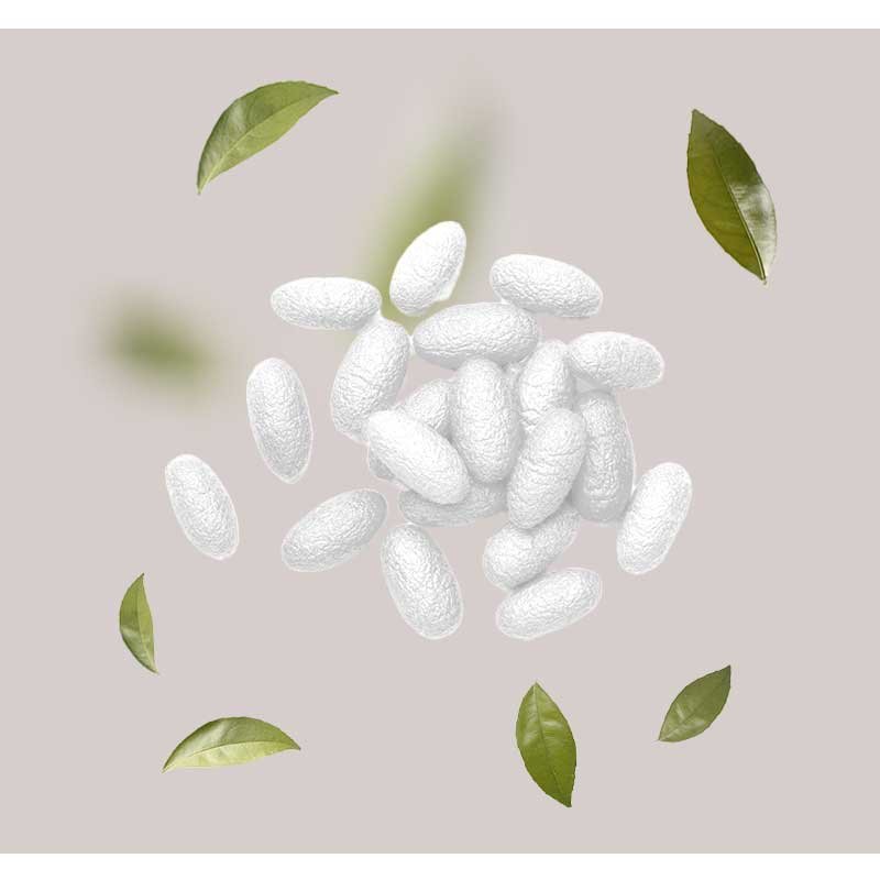 Seidenproteine und grüne Teeblätter auf neutralem Hintergrund, symbolisieren die Hauptbestandteile der White Tea Silk Mask von RAU Cosmetics, die für empfindliche und gereizte Haut entwickelt wurde.